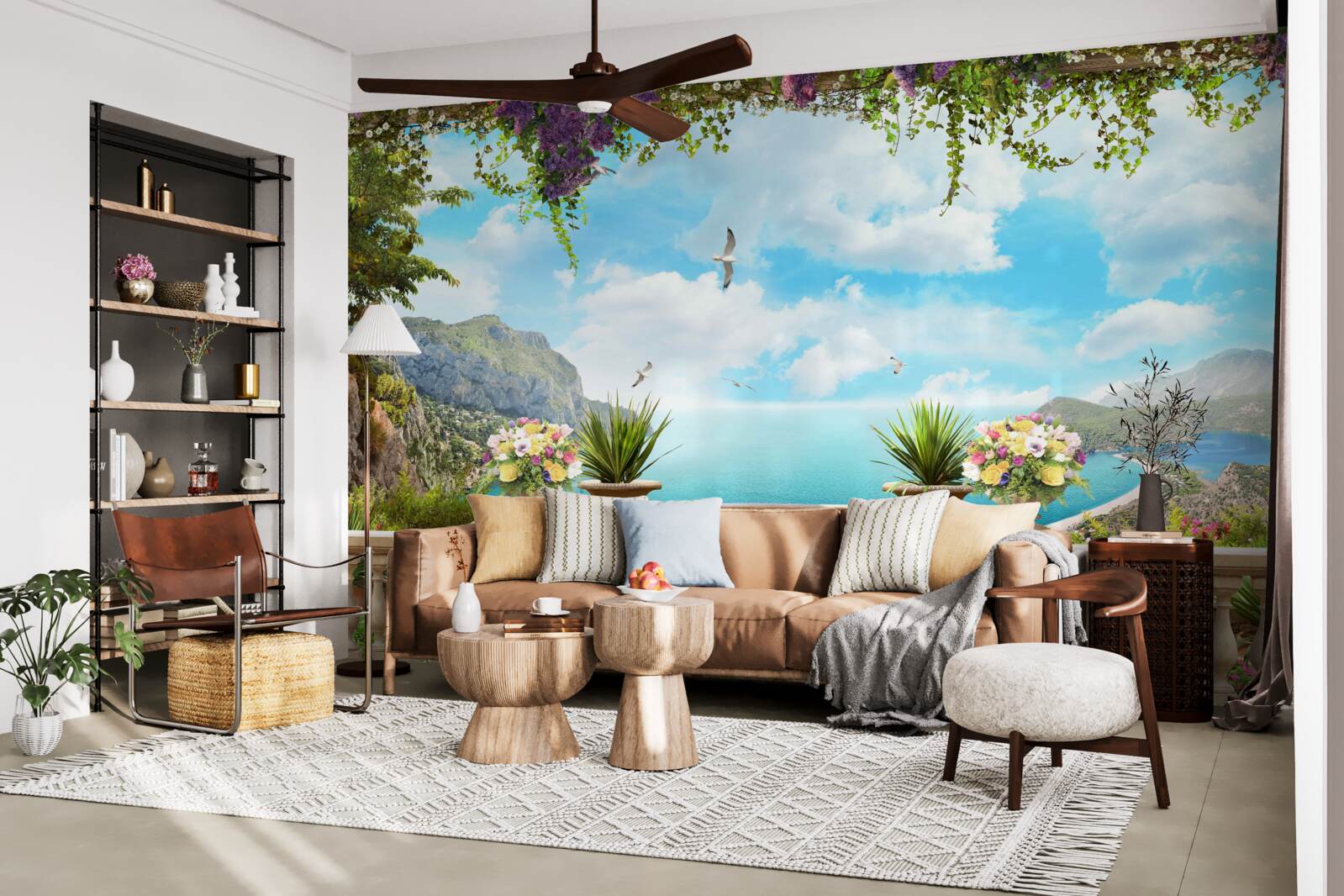 Fotobehang panoramisch uitzicht op de zee en het groen vanaf het balkon