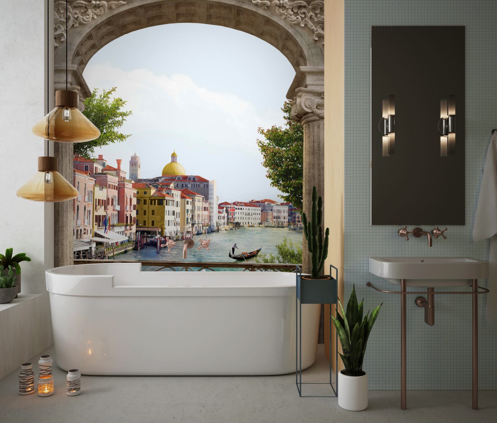 Fotobehang De boog op het terras en het prachtige landschap