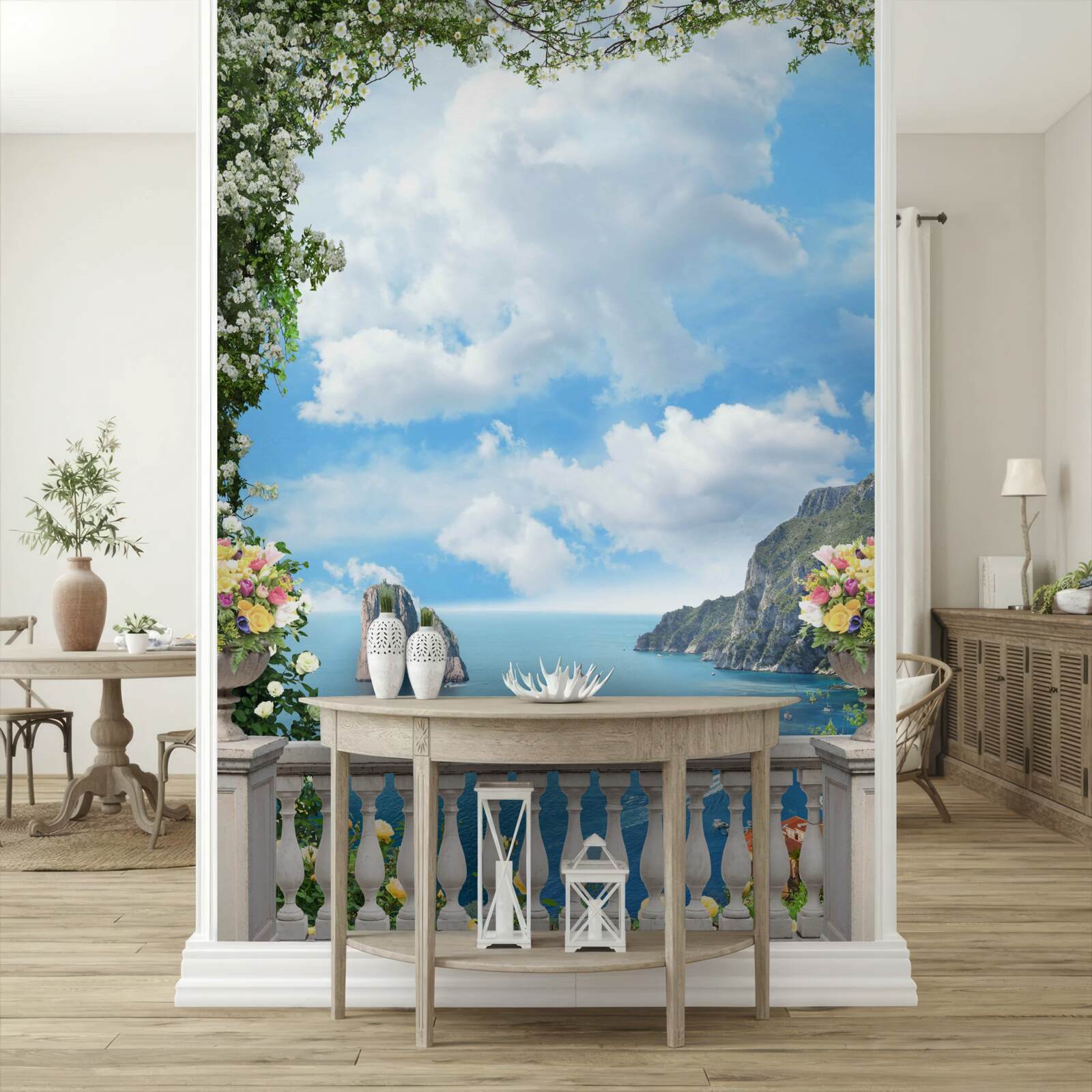 Fotobehang panoramisch uitzicht op de zee en de rotsen vanaf het pittoreske balkon