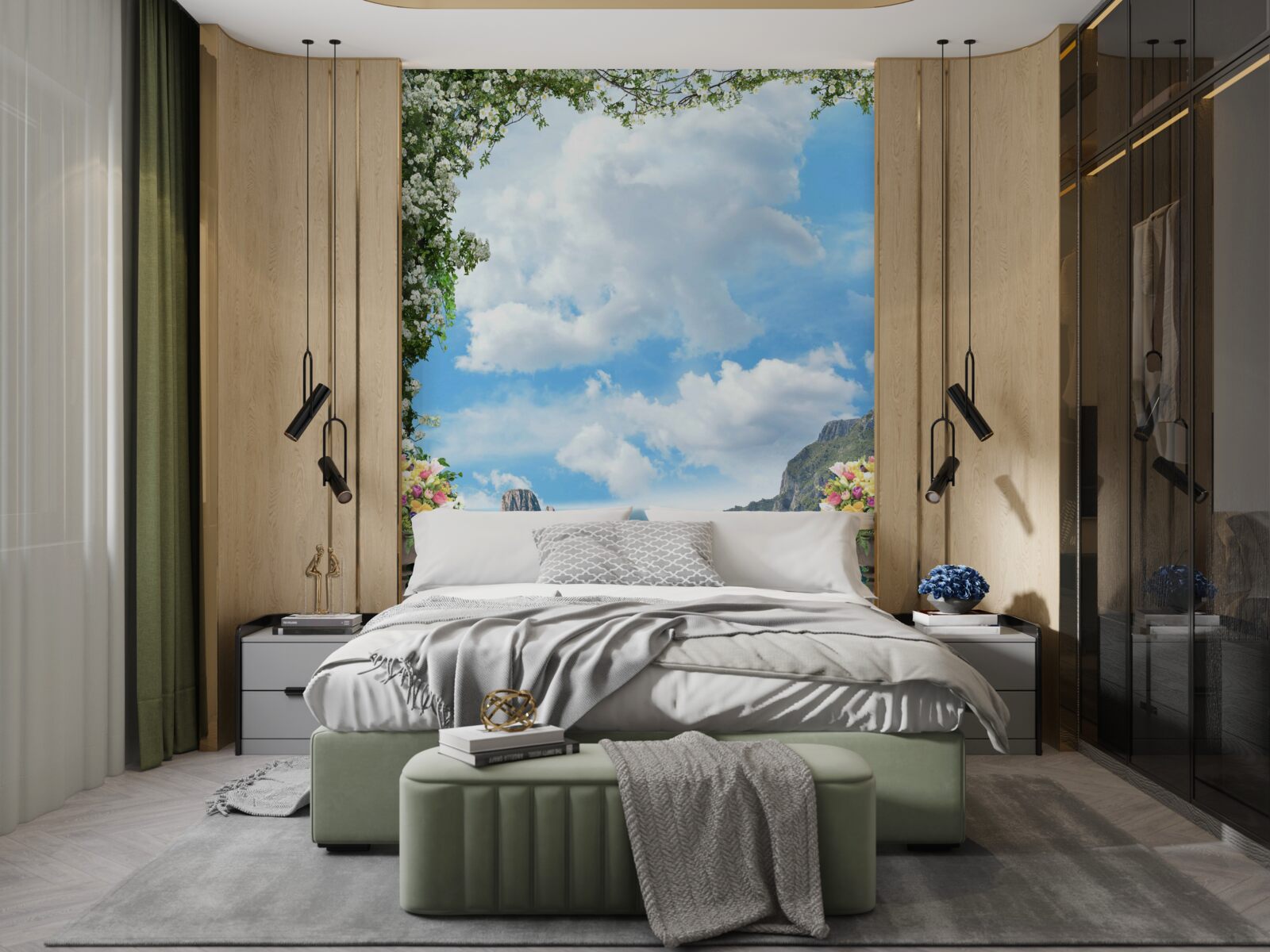 Fotobehang panoramisch uitzicht op de zee en de rotsen vanaf het pittoreske balkon