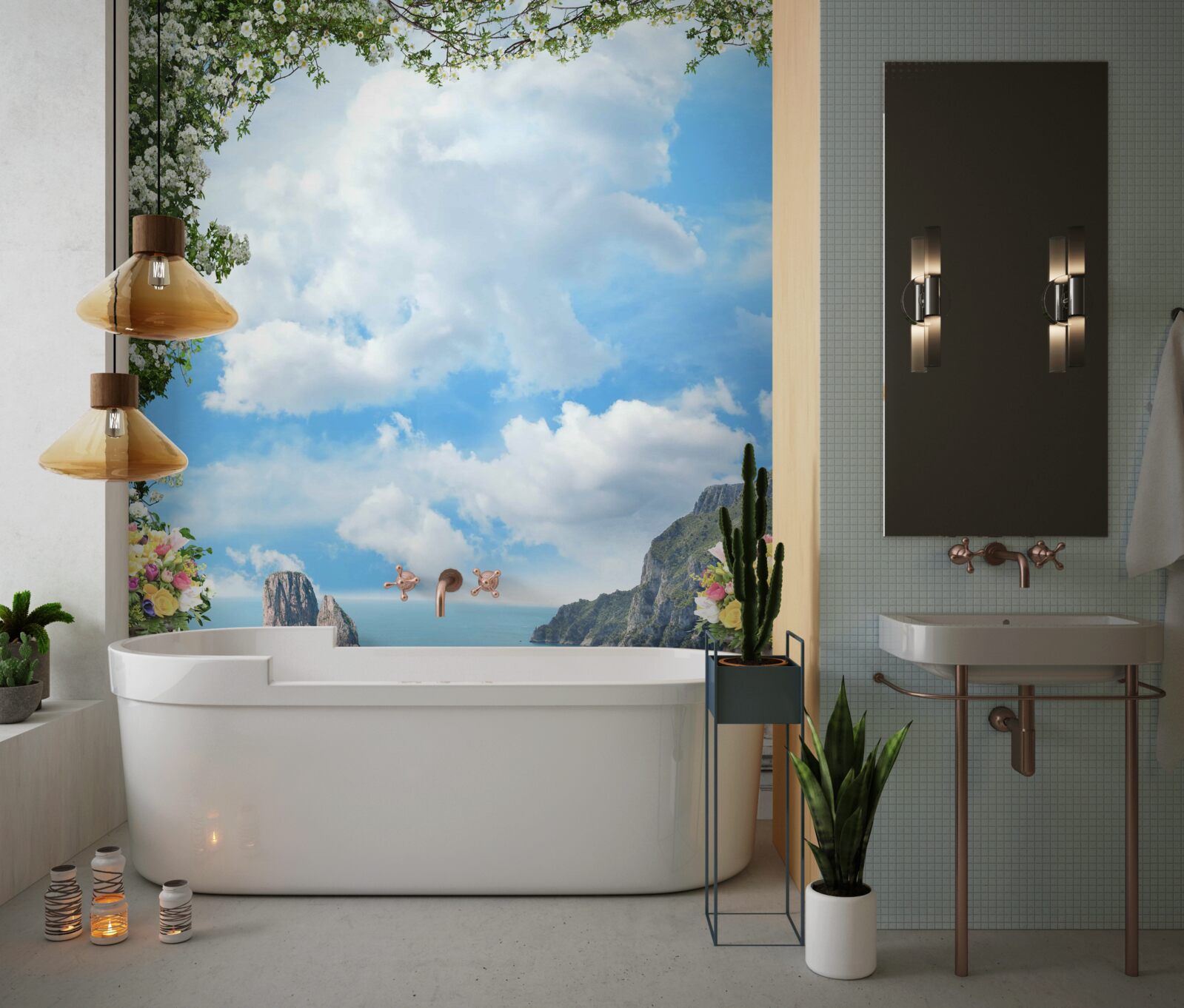 Fotobehang panoramisch uitzicht op de zee en de rotsen vanaf het pittoreske balkon