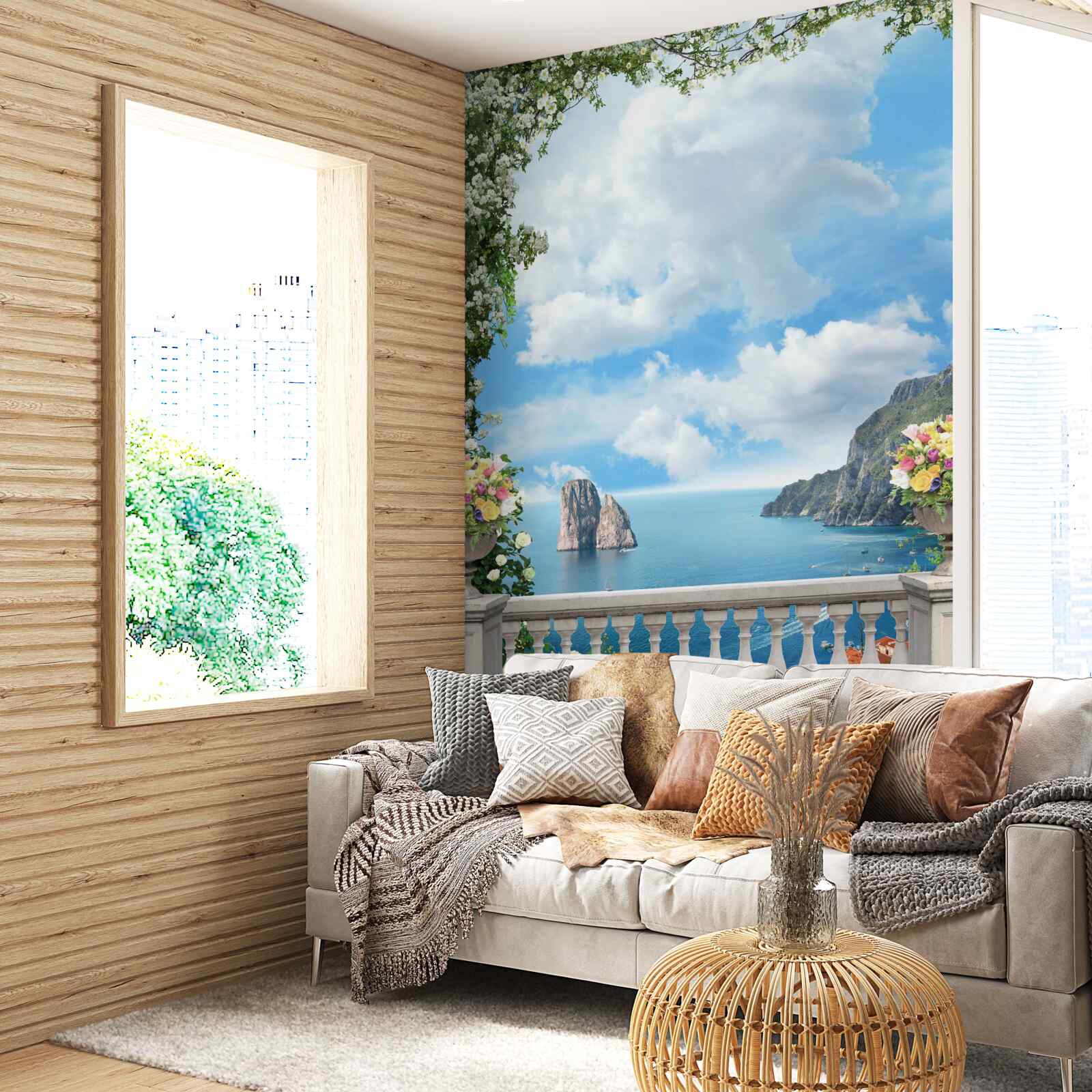 Fotobehang panoramisch uitzicht op de zee en de rotsen vanaf het pittoreske balkon