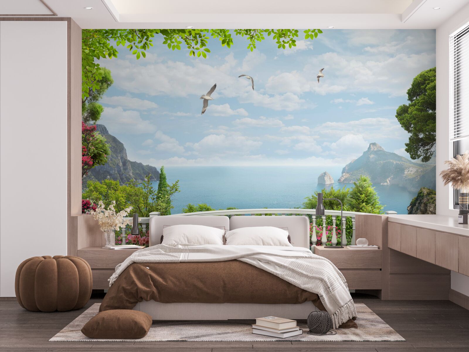 Fotobehang panoramisch uitzicht op zee vanaf het terras