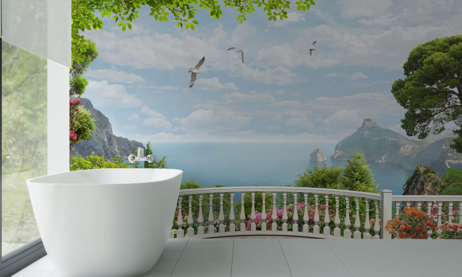 Fotobehang panoramisch uitzicht op zee vanaf het terras