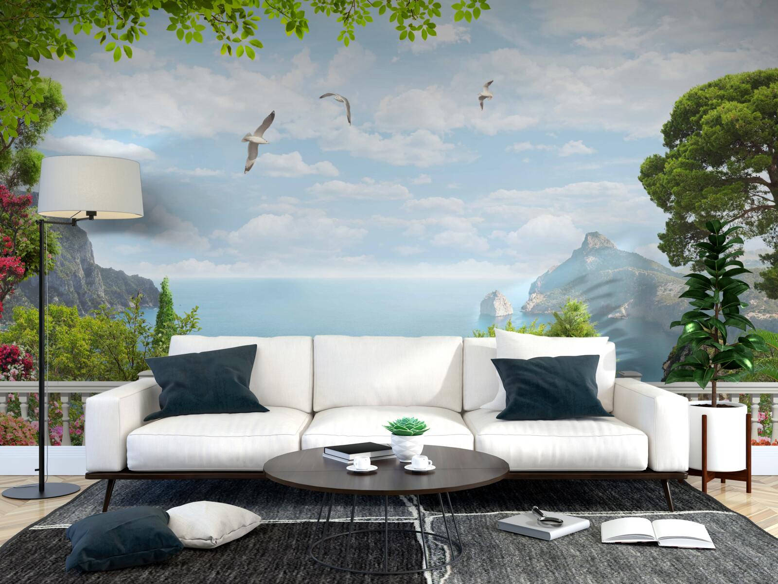 Fotobehang panoramisch uitzicht op zee vanaf het terras