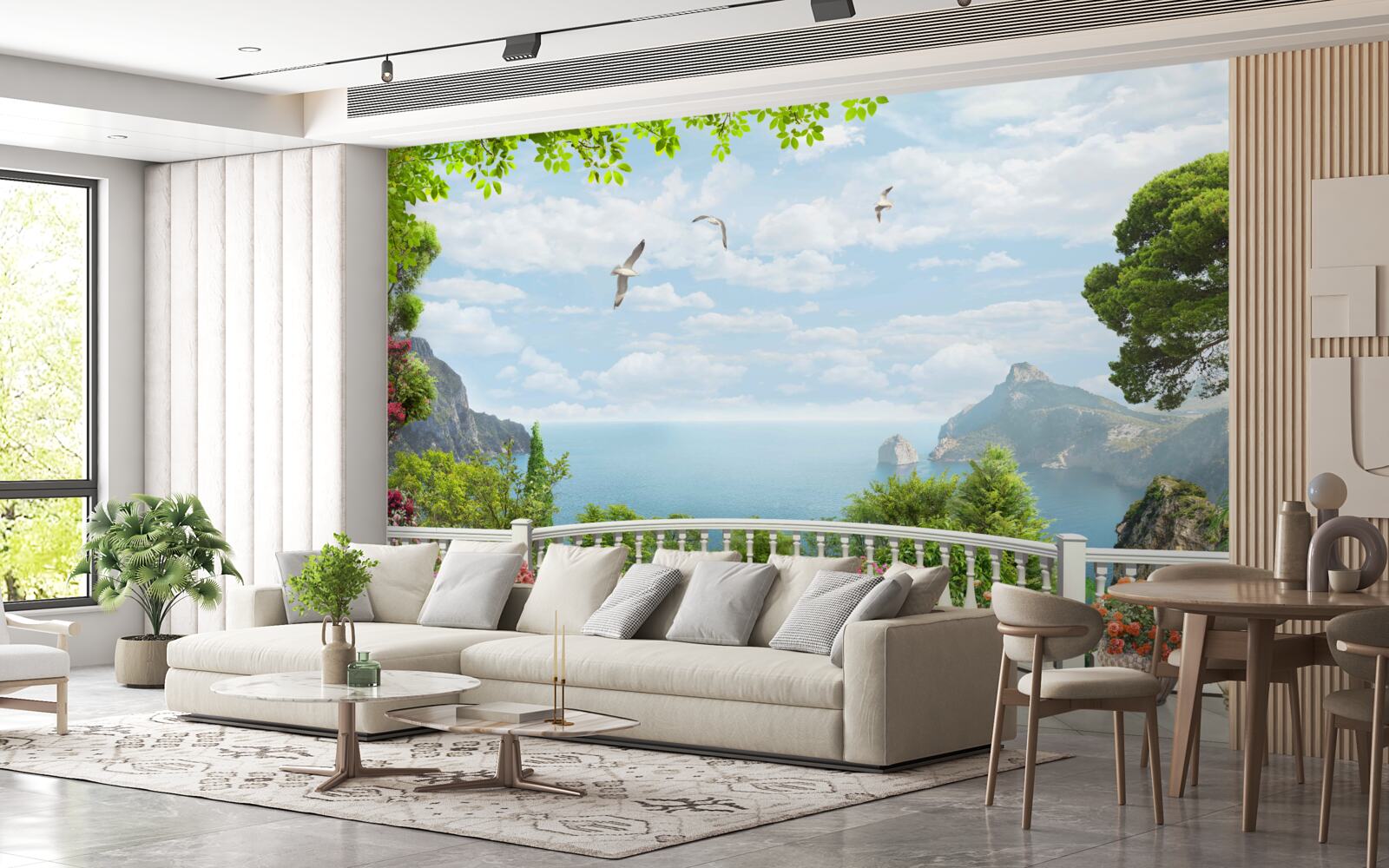 Fotobehang panoramisch uitzicht op zee vanaf het terras