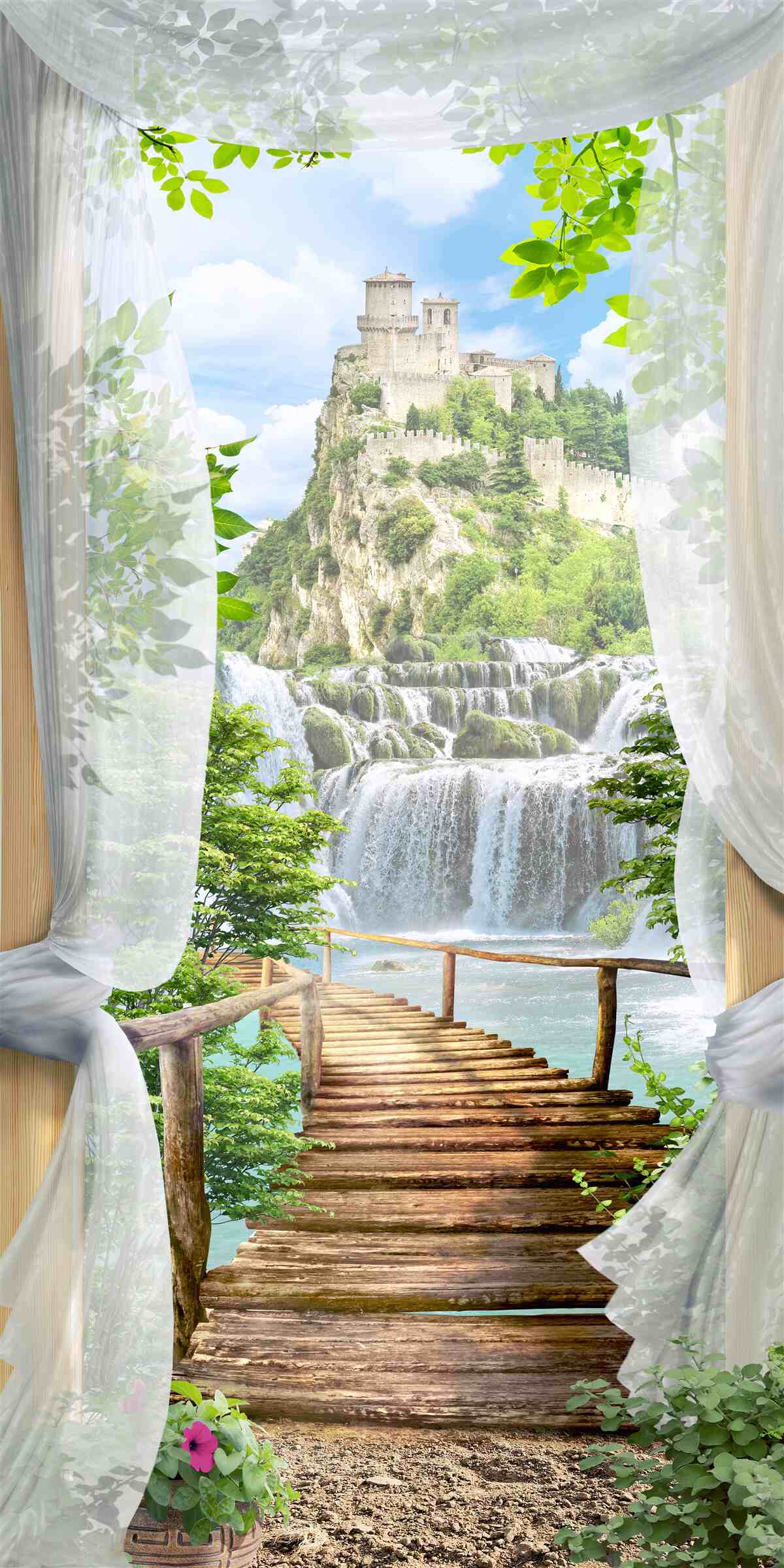 Fotobehang waterval en fort