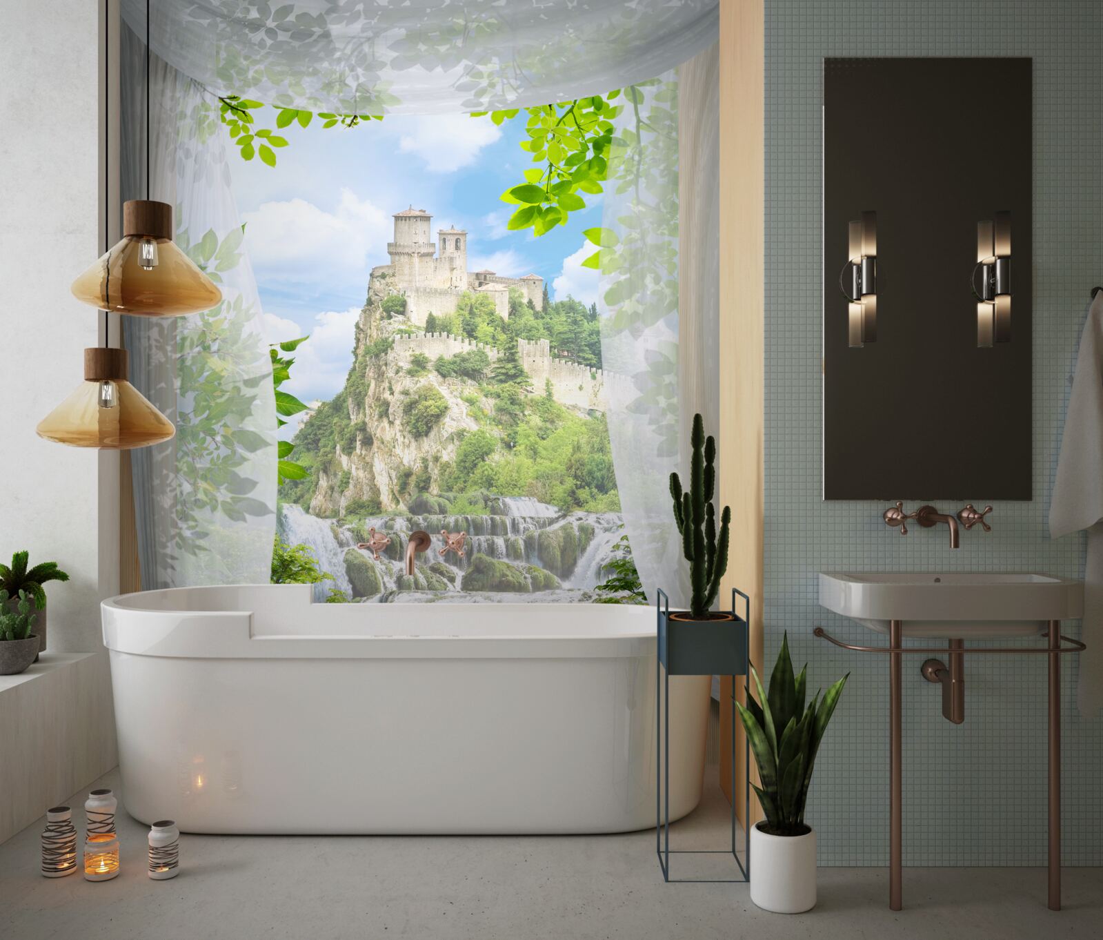 Fotobehang waterval en fort