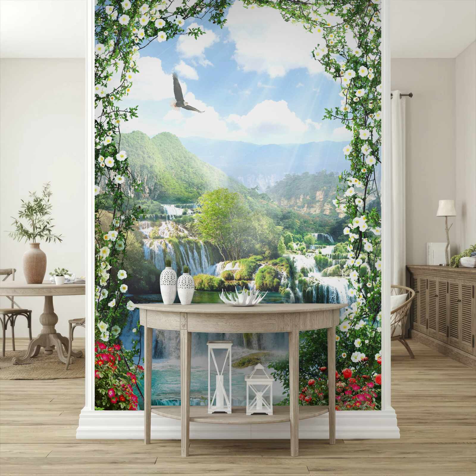 Fotobehang waterval landschap vanaf het balkon