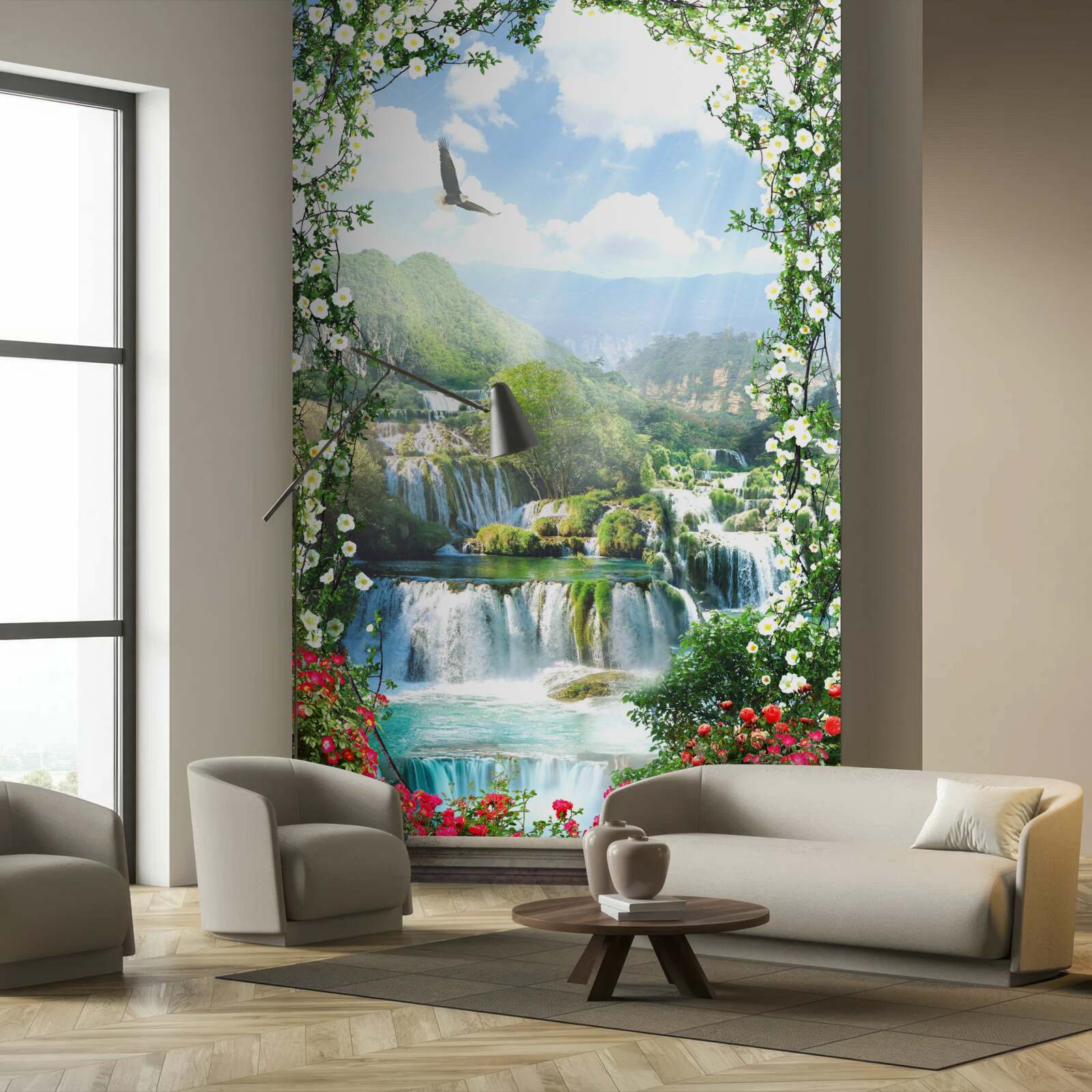 Fotobehang waterval landschap vanaf het balkon