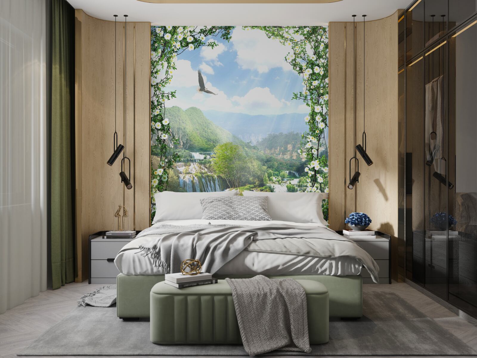 Fotobehang waterval landschap vanaf het balkon