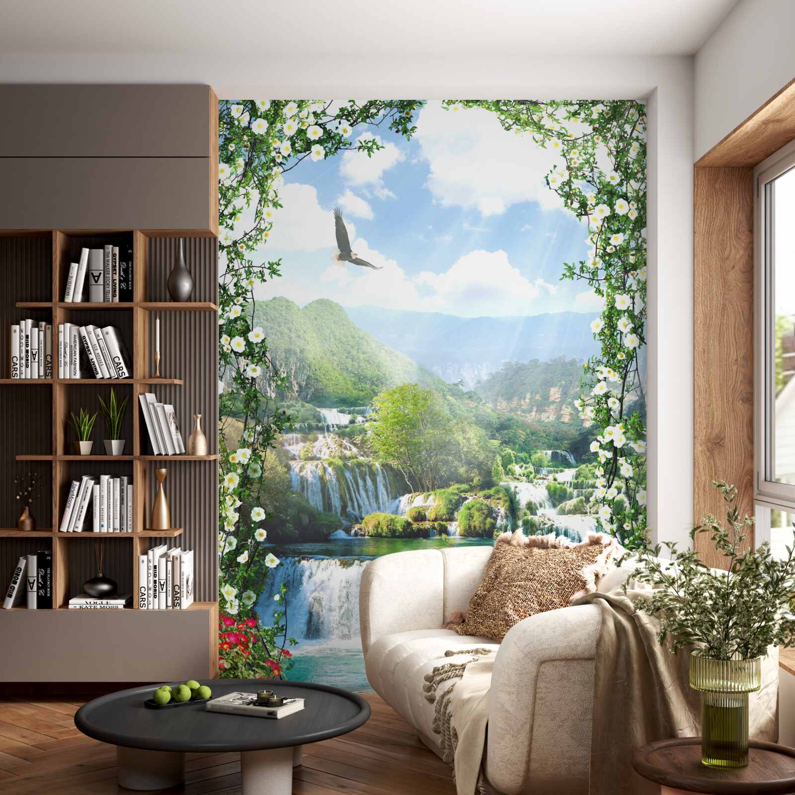 Fotobehang waterval landschap vanaf het balkon