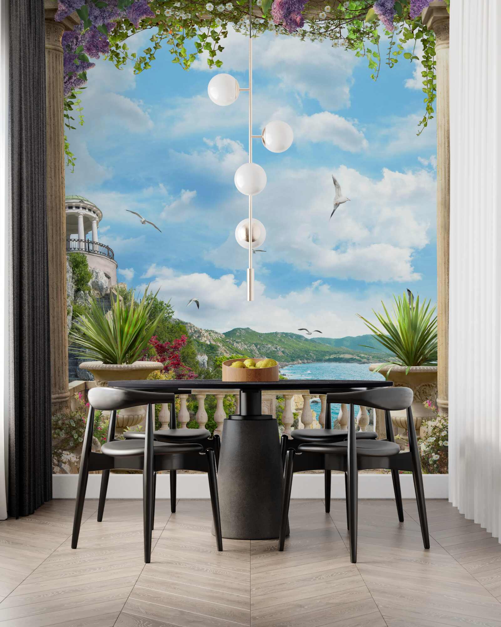 Fotobehang bloemenboog met uitzicht op de zeekust