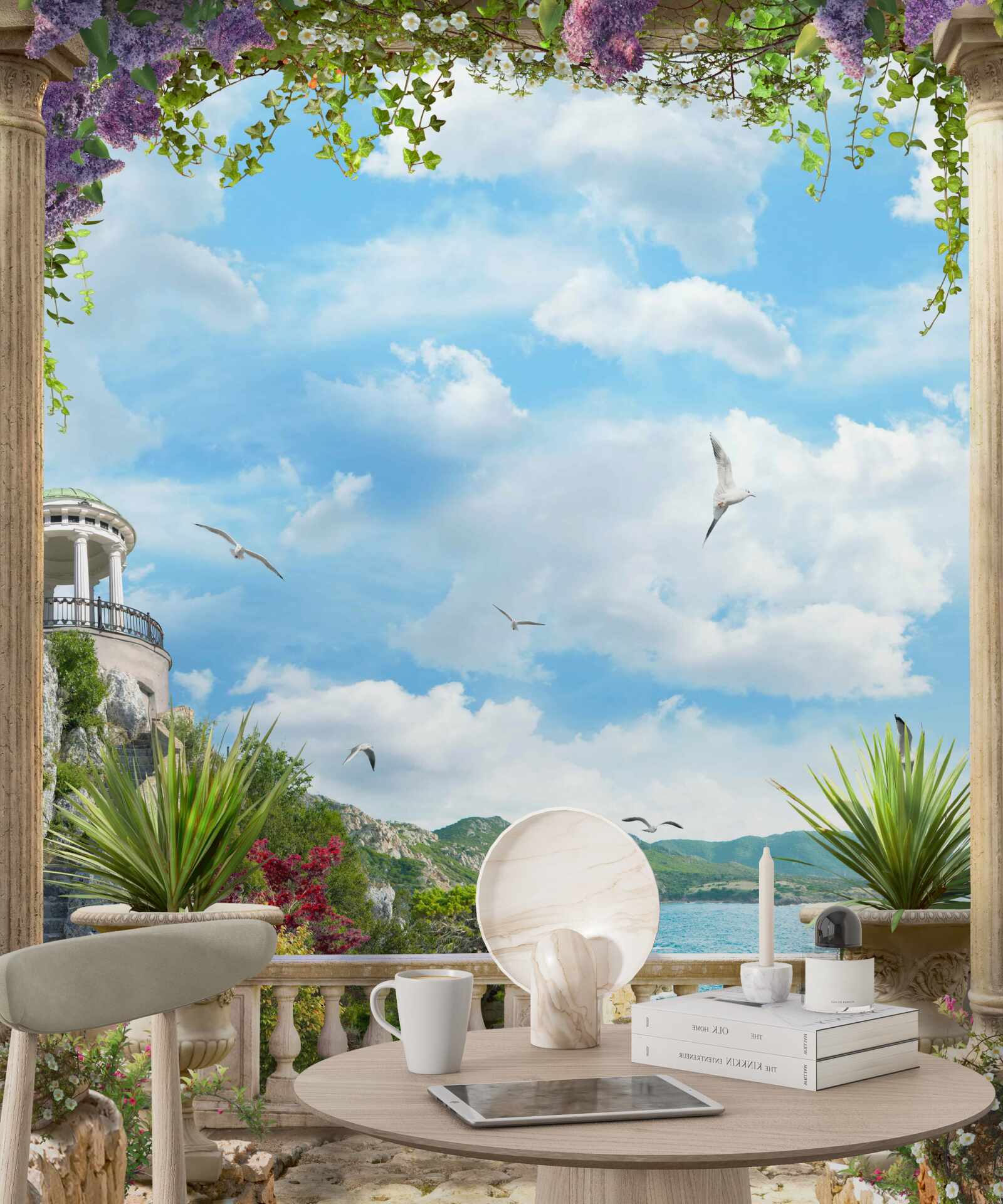 Fotobehang bloemenboog met uitzicht op de zeekust