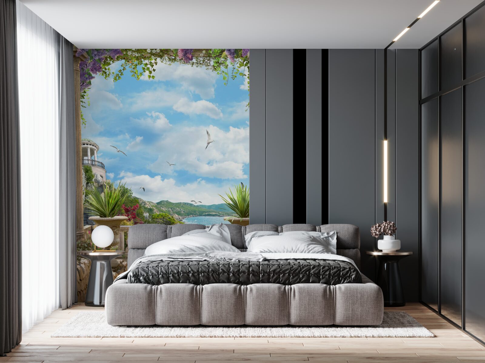 Fotobehang bloemenboog met uitzicht op de zeekust