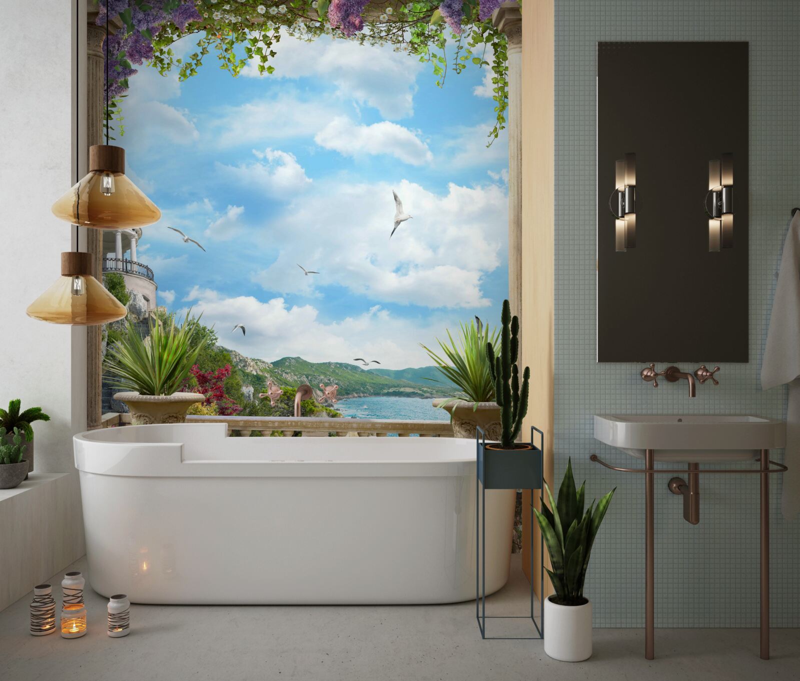 Fotobehang bloemenboog met uitzicht op de zeekust