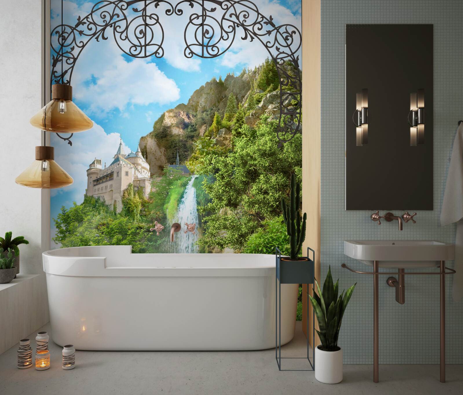 Fotobehang een smalle waterval die bergafwaarts stroomt