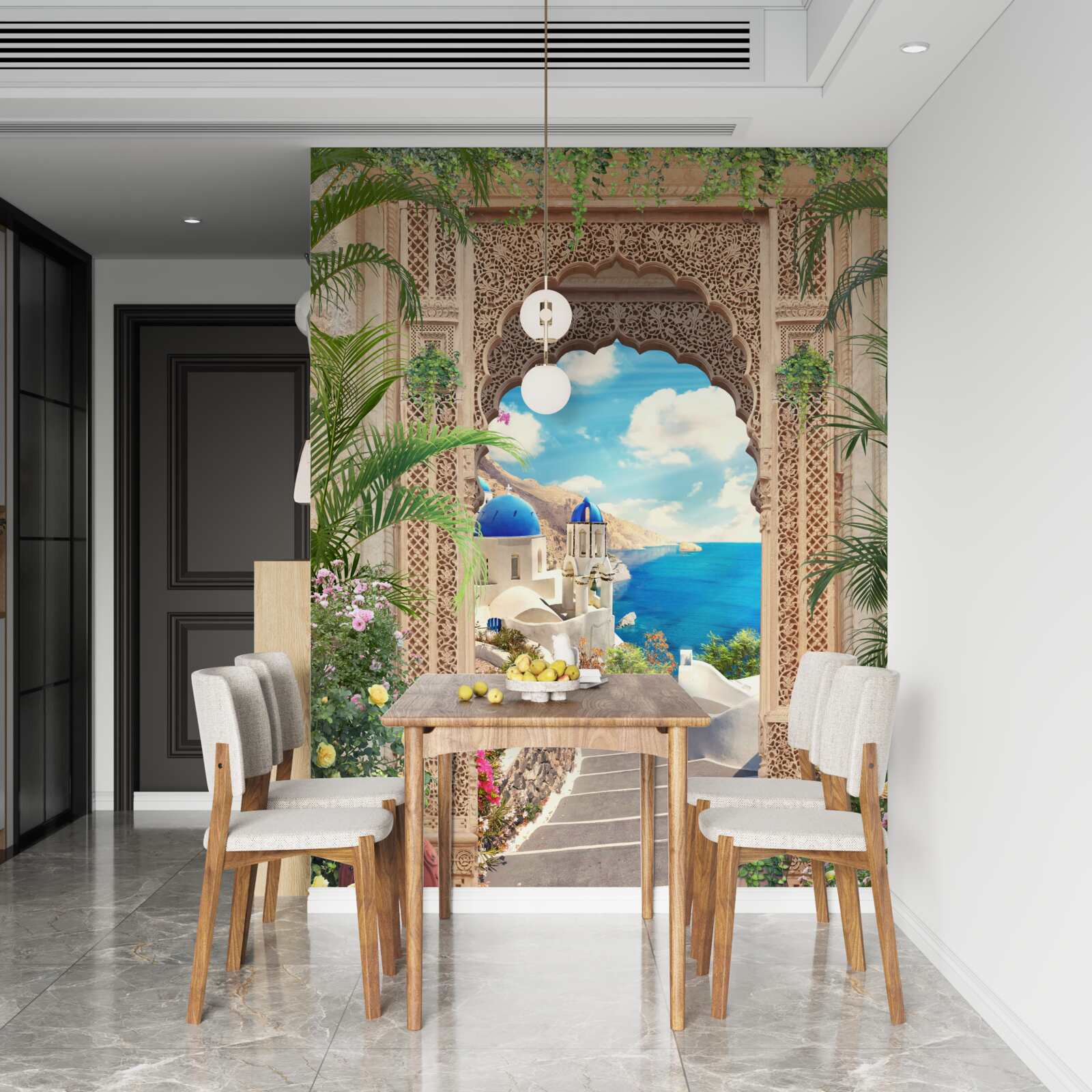 Fotobehang panorama van de zee en de stad, dat zich opent vanuit de boog