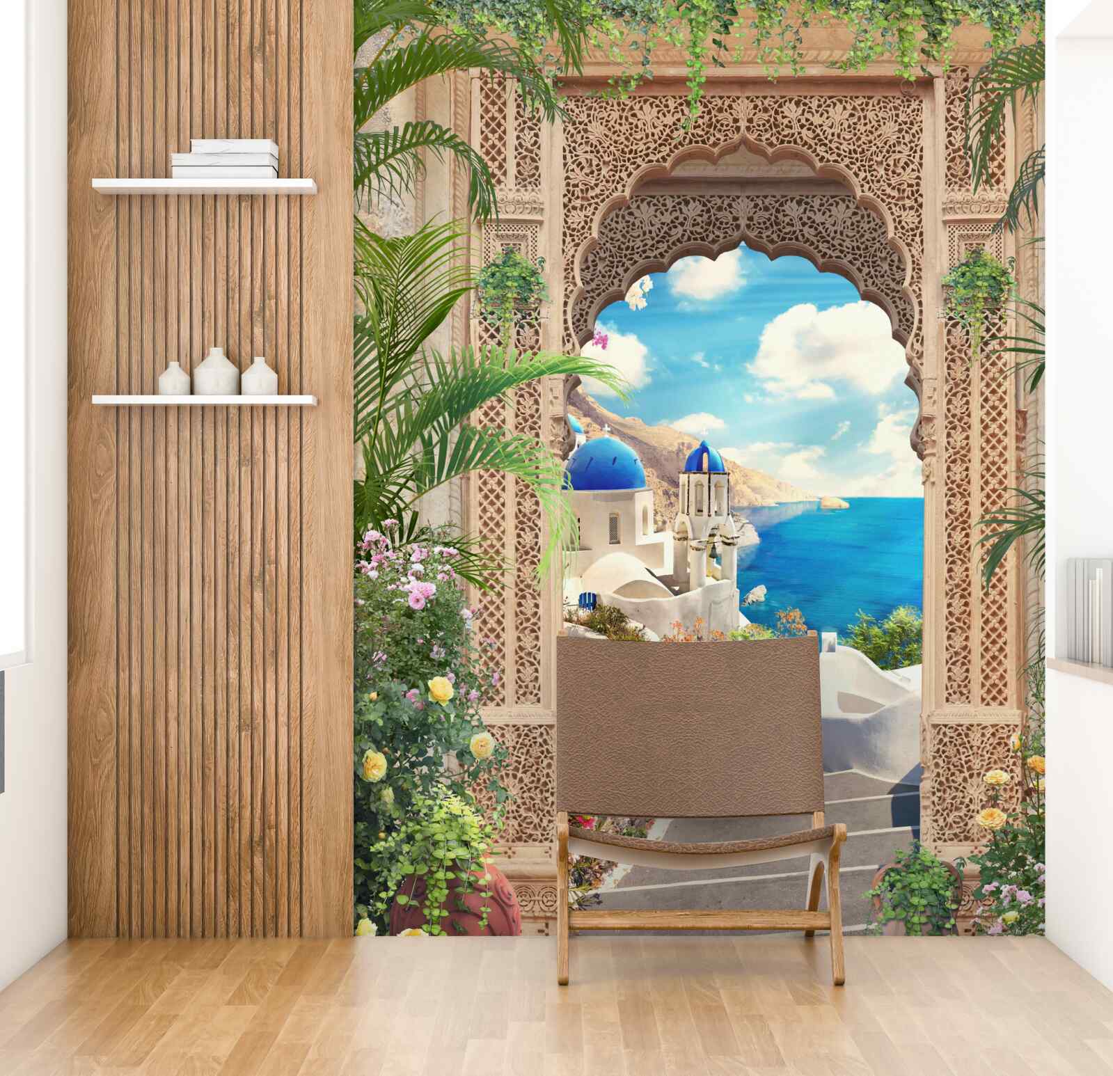 Fotobehang panorama van de zee en de stad, dat zich opent vanuit de boog