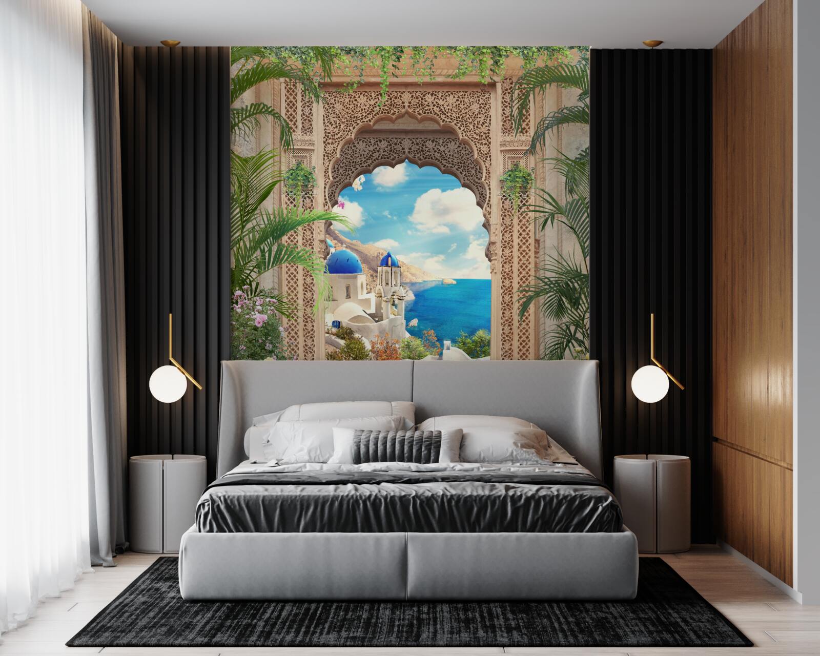 Fotobehang panorama van de zee en de stad, dat zich opent vanuit de boog