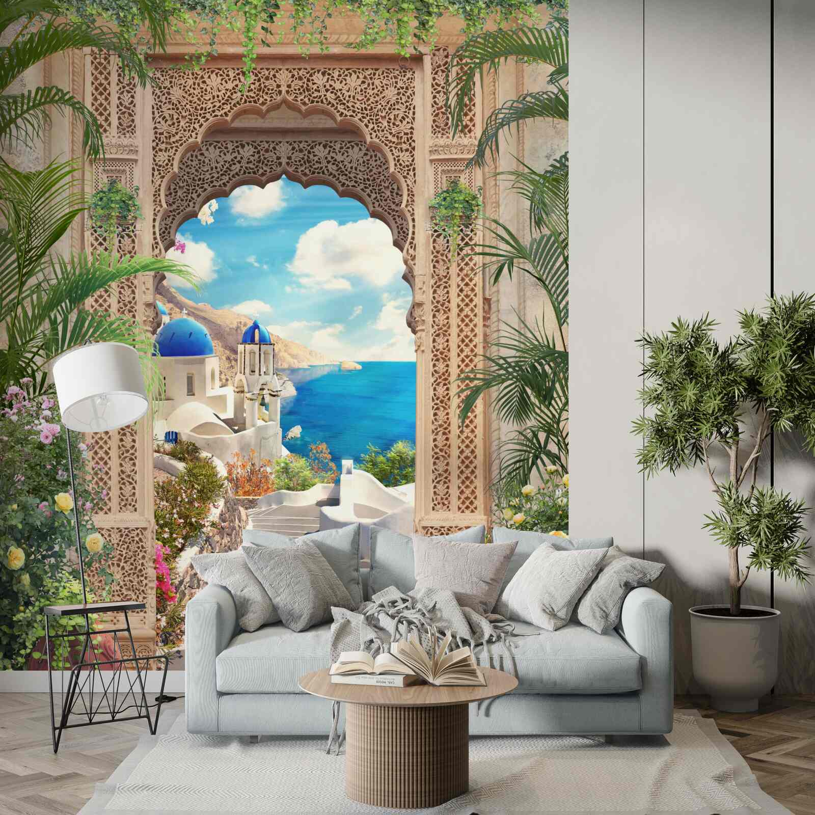 Fotobehang panorama van de zee en de stad, dat zich opent vanuit de boog