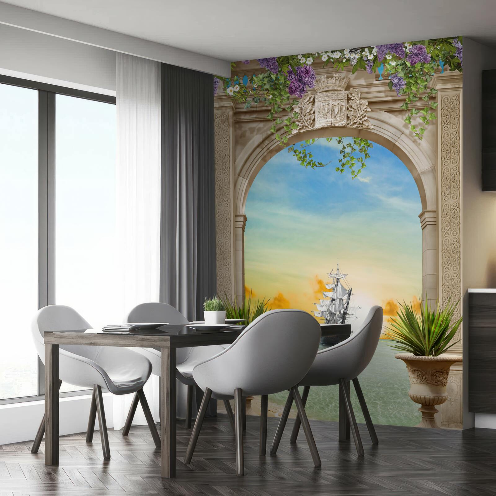 Fotobehang zeegezicht vanaf de boeg met een passerend schip