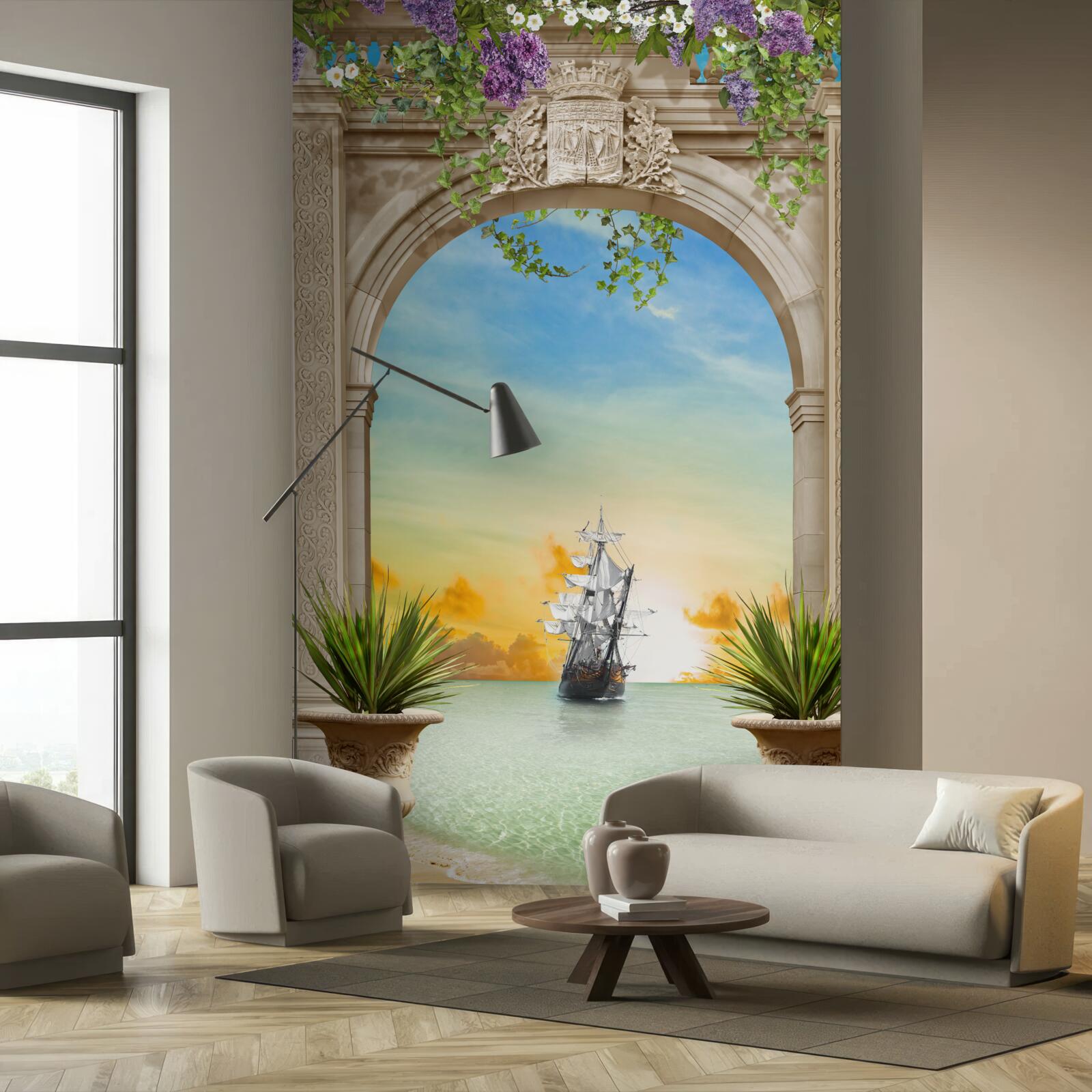 Fotobehang zeegezicht vanaf de boeg met een passerend schip