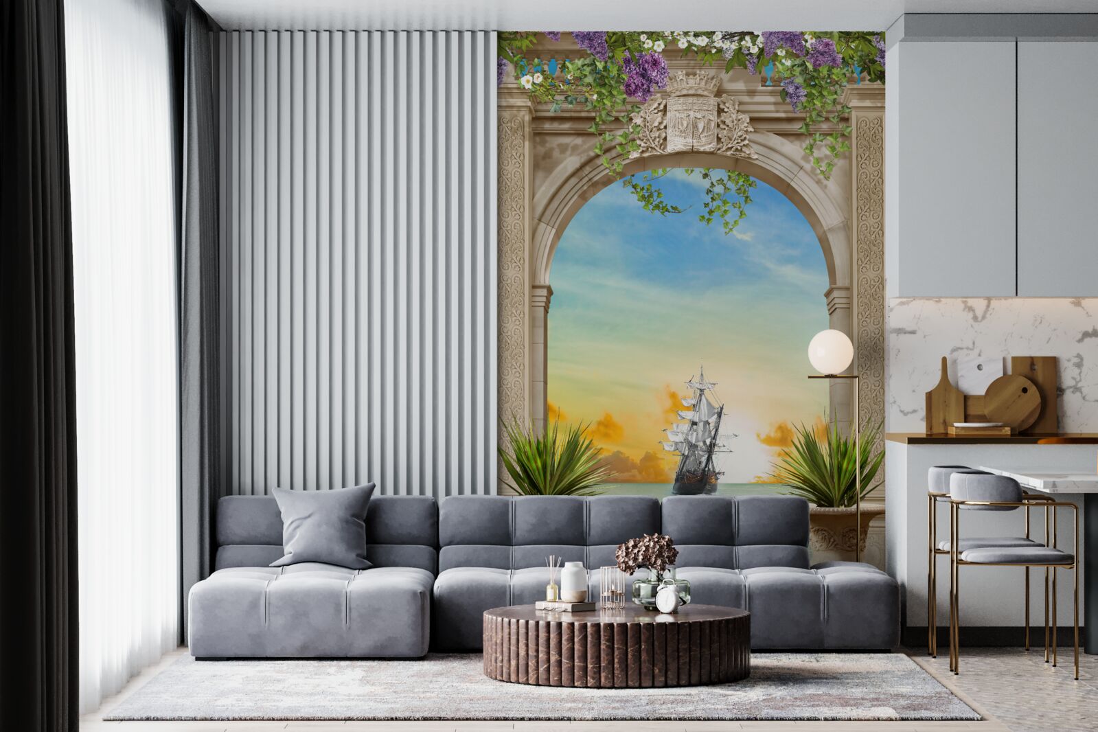 Fotobehang zeegezicht vanaf de boeg met een passerend schip