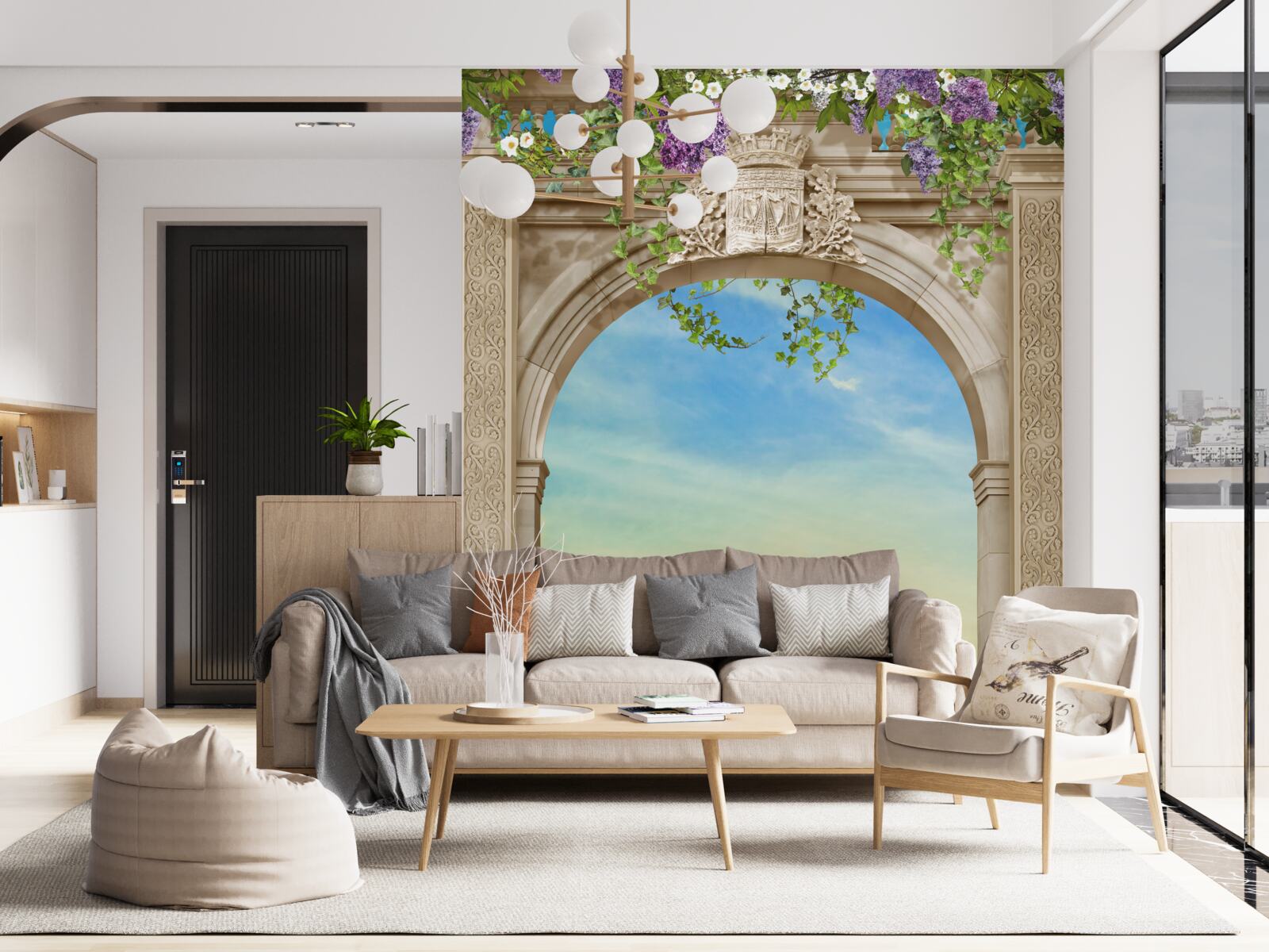 Fotobehang zeegezicht vanaf de boeg met een passerend schip