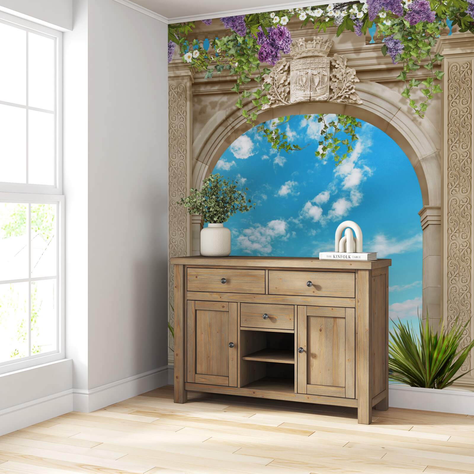 Fotobehang panorama van de zee door de boog