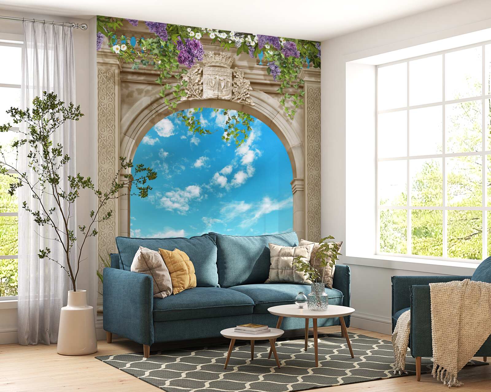 Fotobehang panorama van de zee door de boog