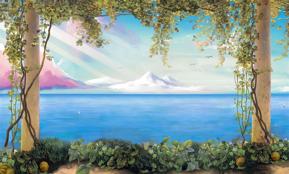 Fotobehang landschap met zee en bergen in de verte