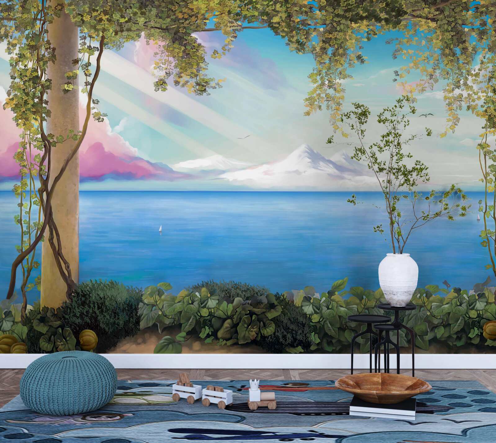 Fotobehang landschap met zee en bergen in de verte