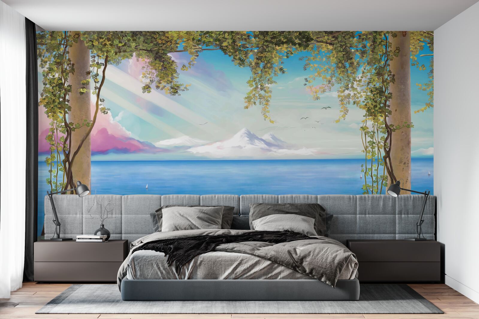 Fotobehang landschap met zee en bergen in de verte