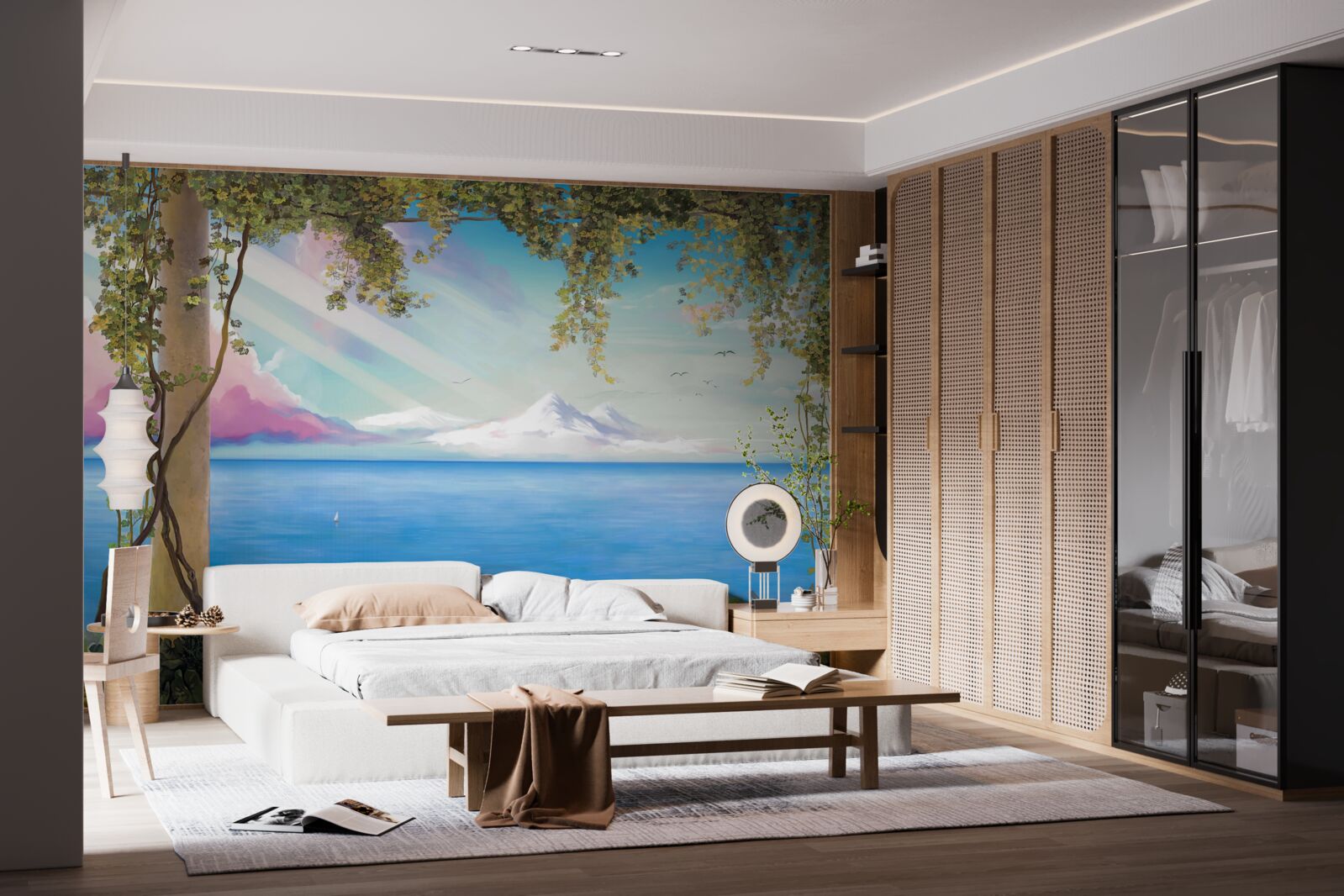 Fotobehang landschap met zee en bergen in de verte