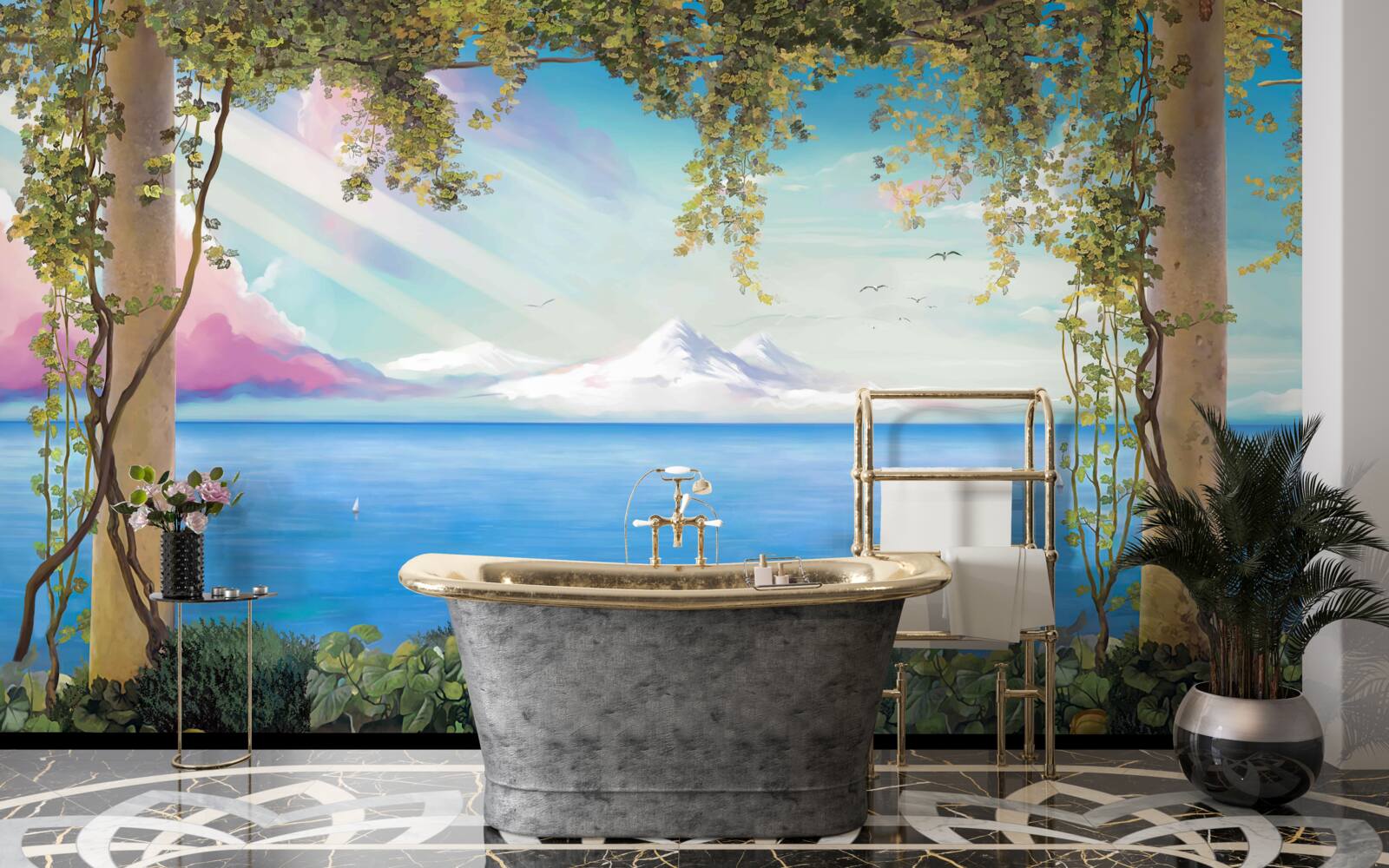 Fotobehang landschap met zee en bergen in de verte