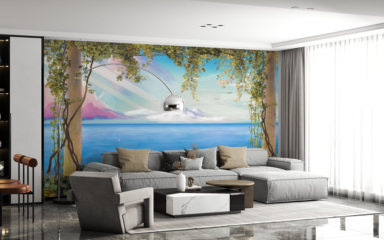 Fotobehang landschap met zee en bergen in de verte