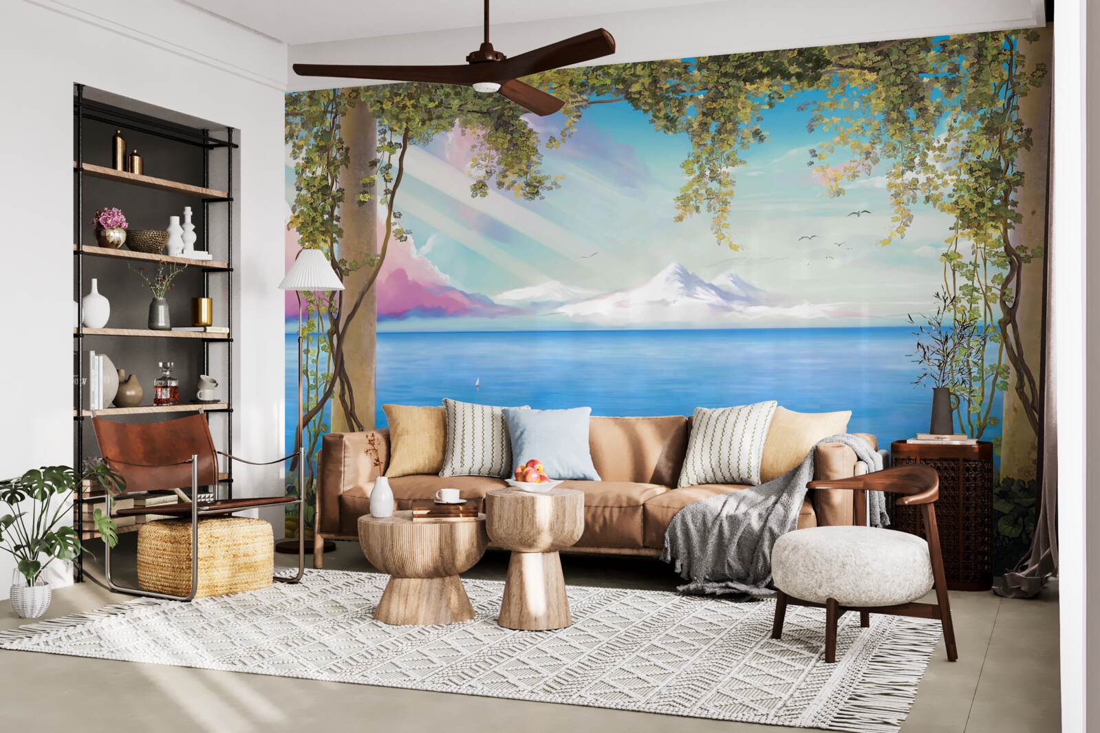 Fotobehang landschap met zee en bergen in de verte