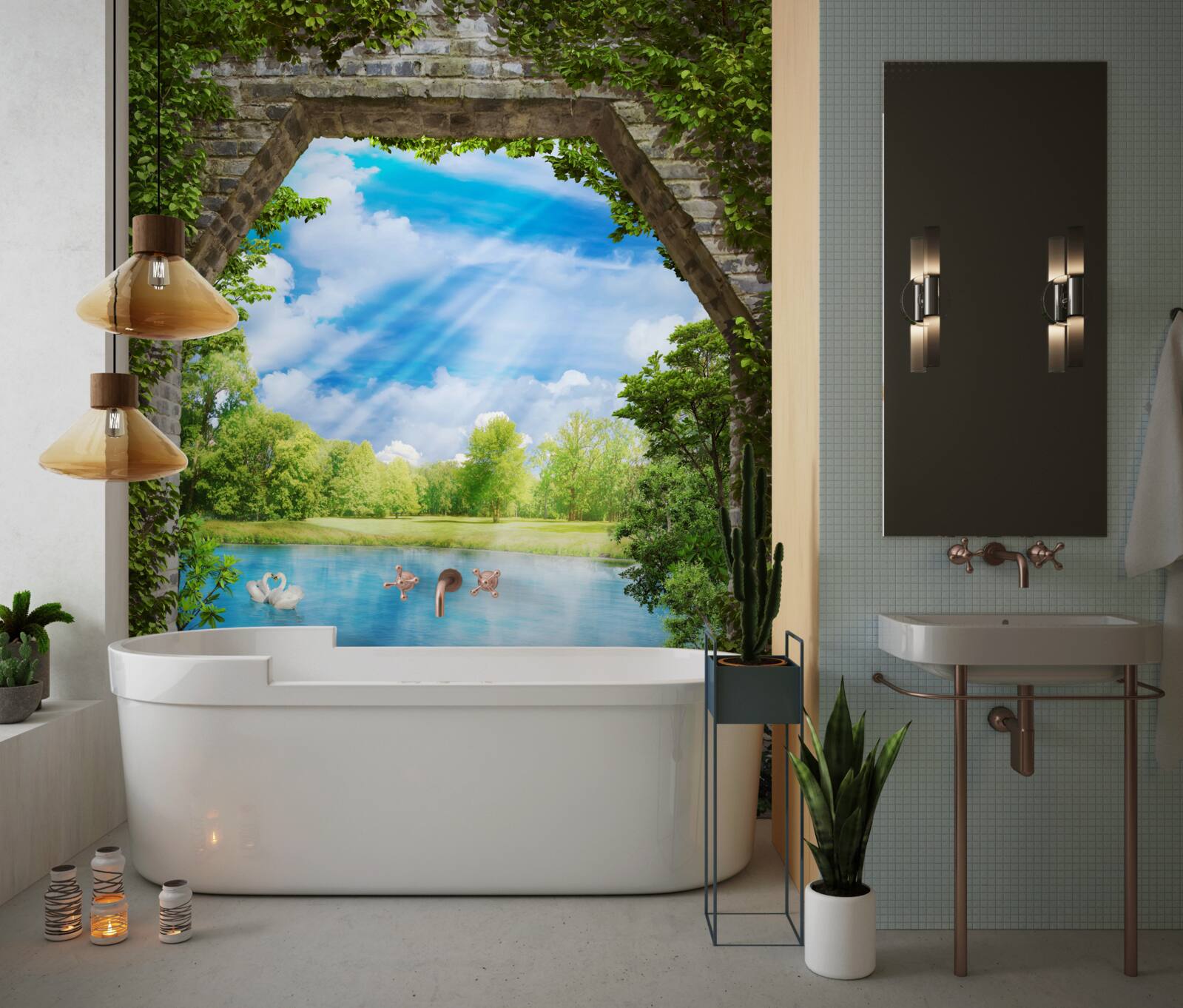 Fotobehang witte zwanen drijven op het meer