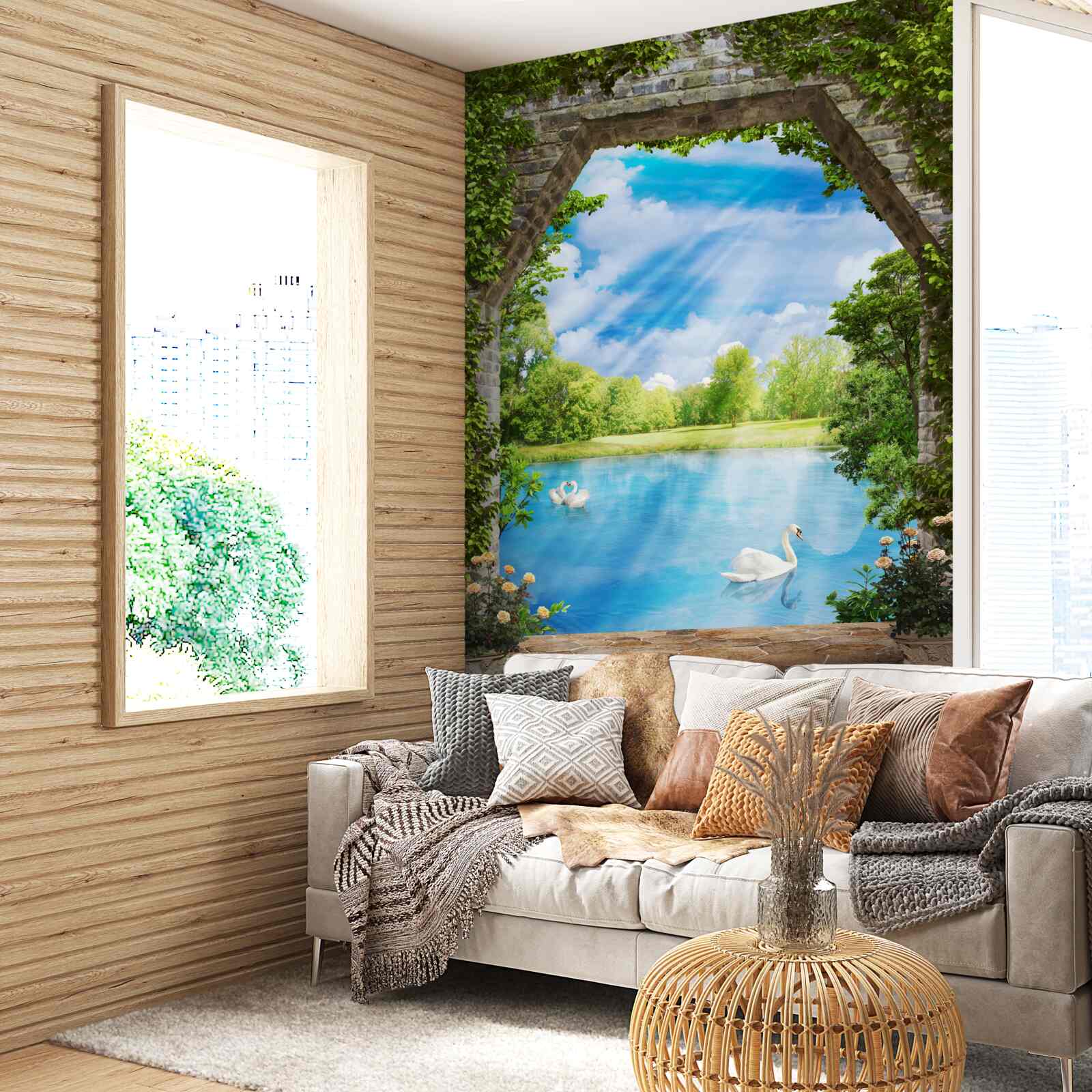 Fotobehang witte zwanen drijven op het meer