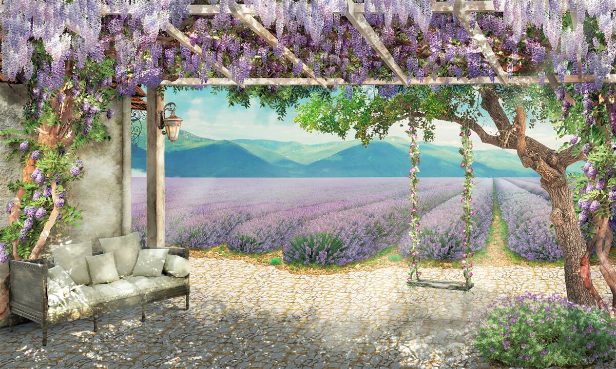 Fotobehang naast het lavendelveld staat een schommel