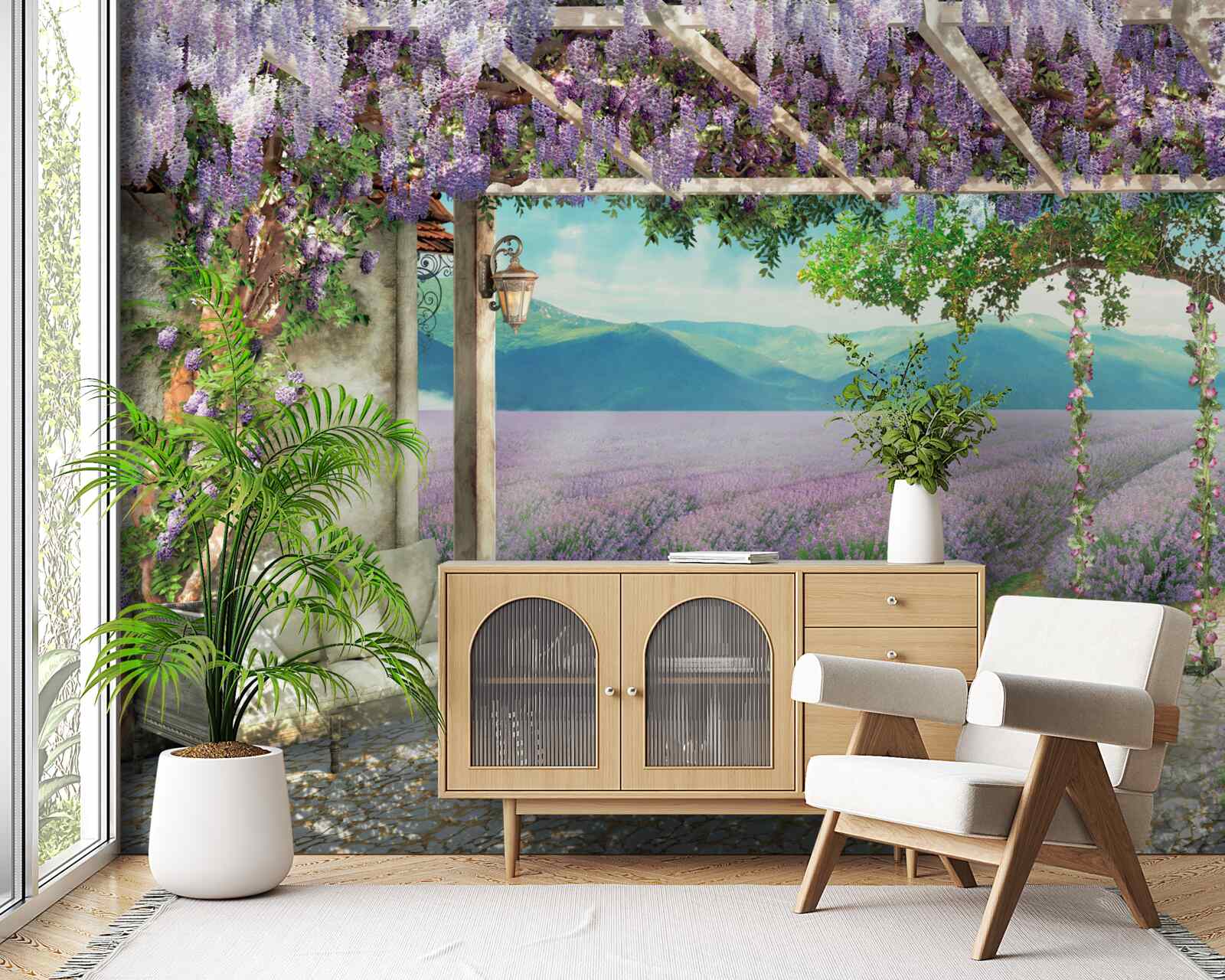 Fotobehang naast het lavendelveld staat een schommel