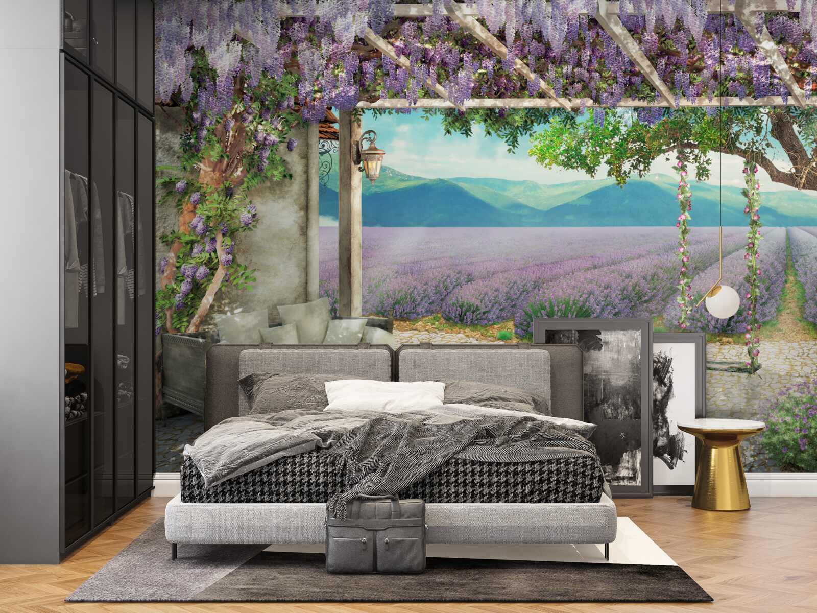 Fotobehang naast het lavendelveld staat een schommel