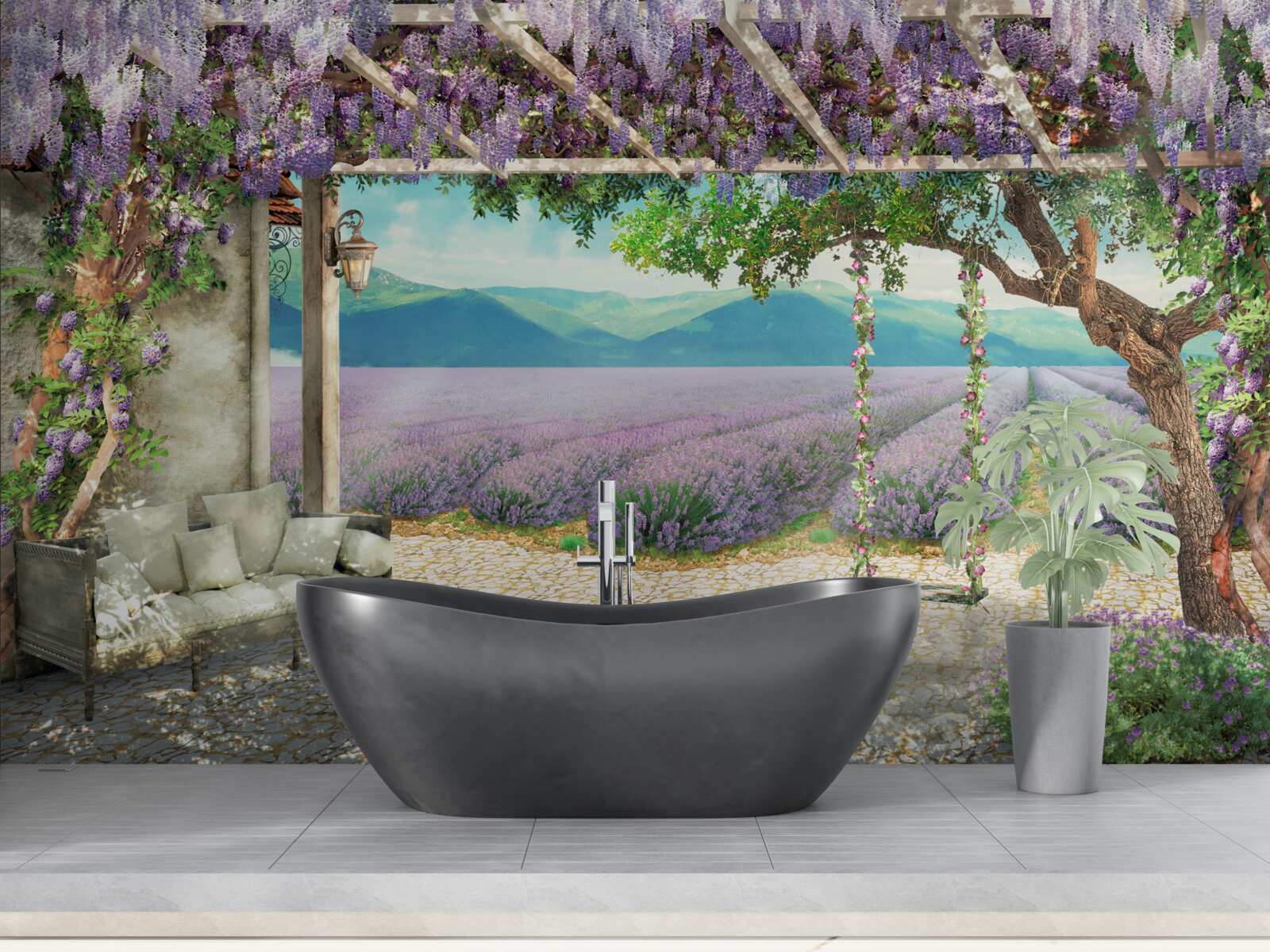 Fotobehang naast het lavendelveld staat een schommel