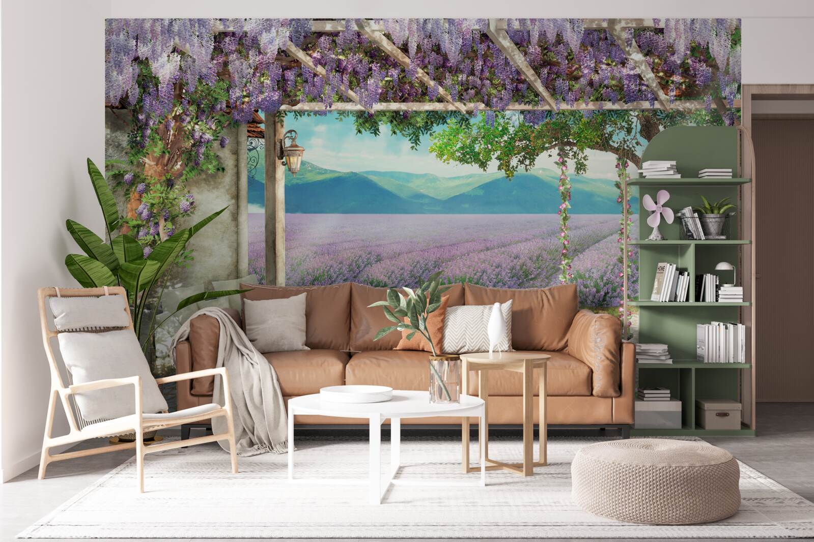 Fotobehang naast het lavendelveld staat een schommel