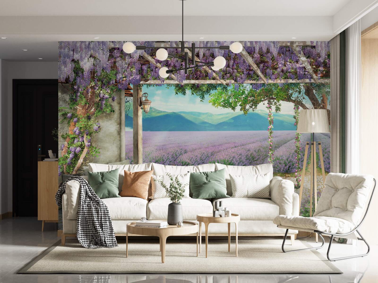 Fotobehang naast het lavendelveld staat een schommel