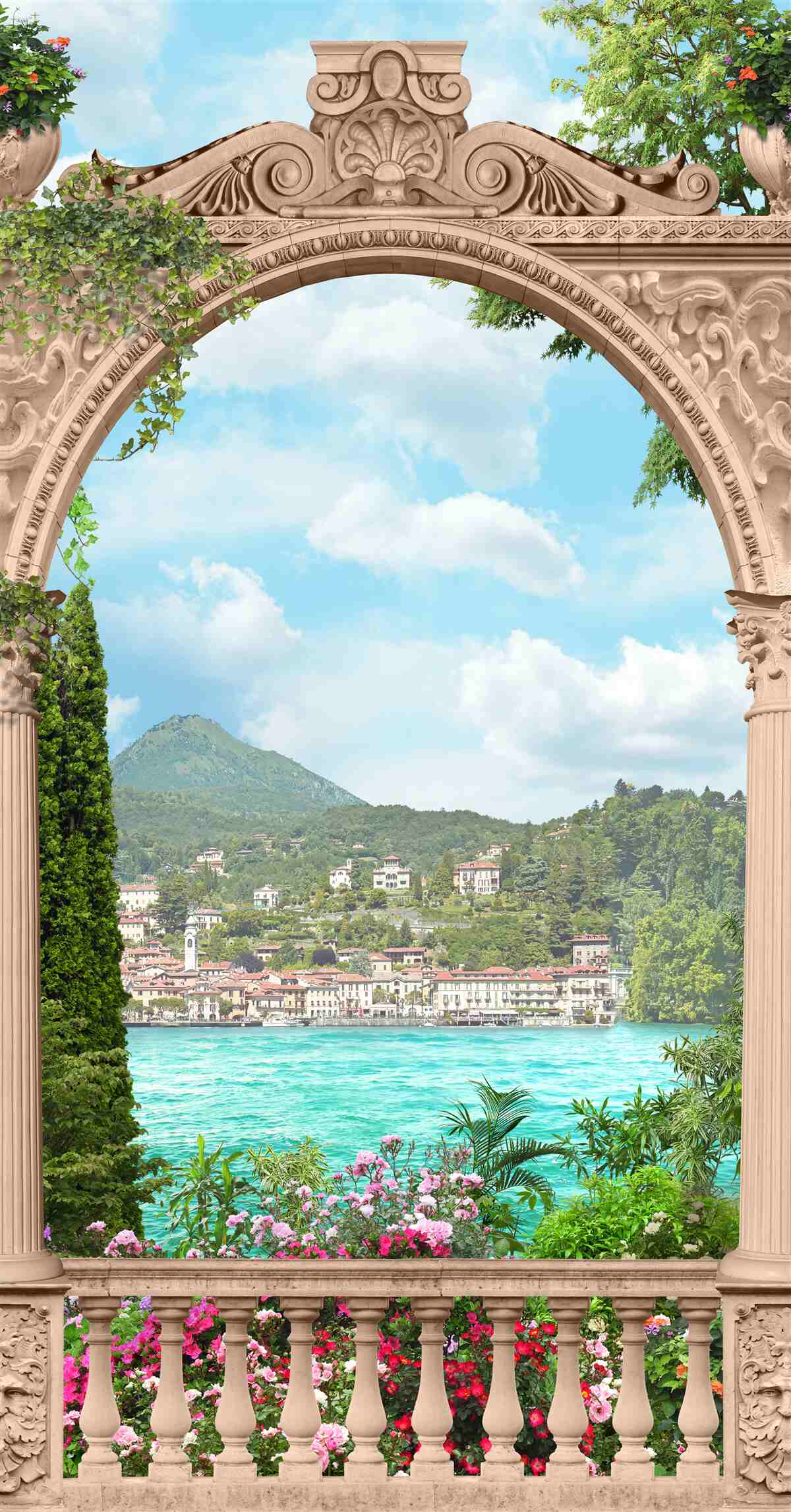 Fotobehang loggia met gewelfde deuropening en prachtig landschap