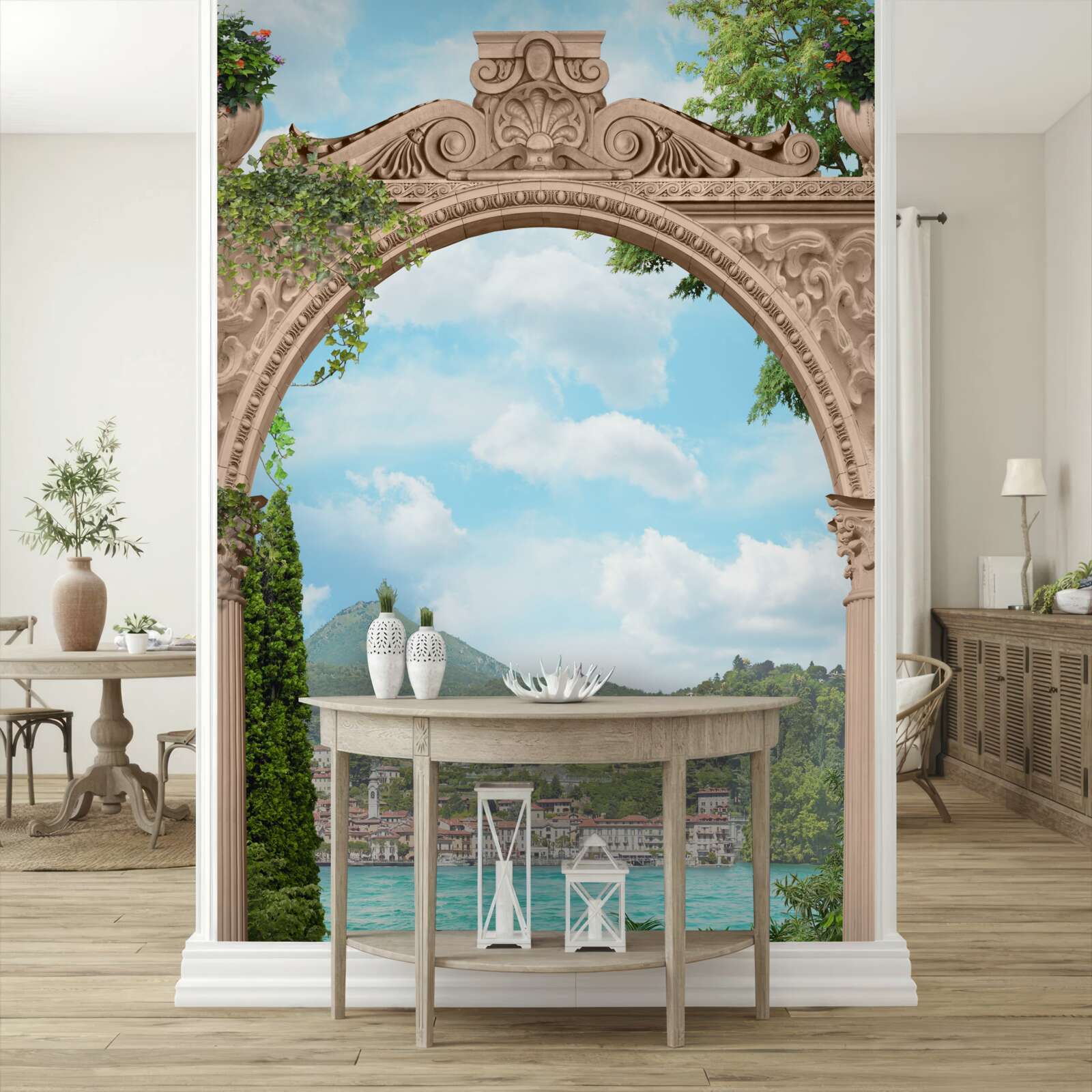 Fotobehang loggia met gewelfde deuropening en prachtig landschap