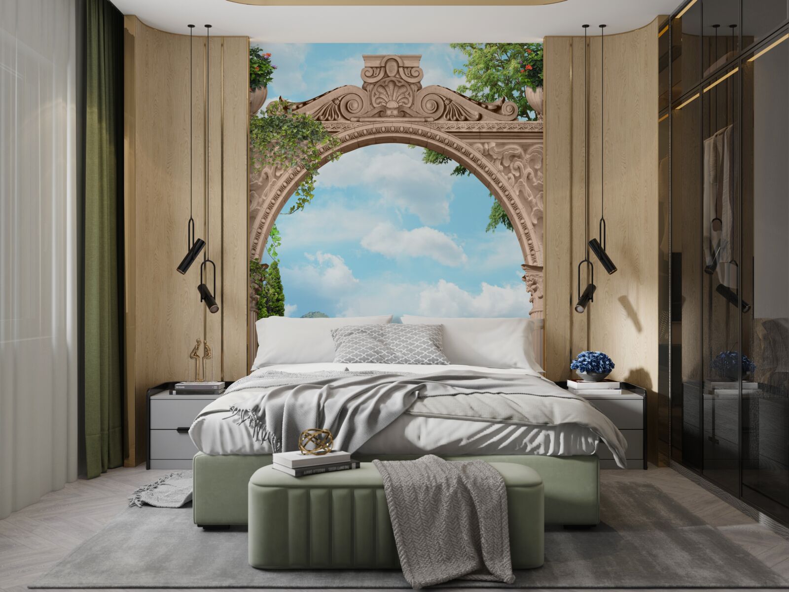 Fotobehang loggia met gewelfde deuropening en prachtig landschap