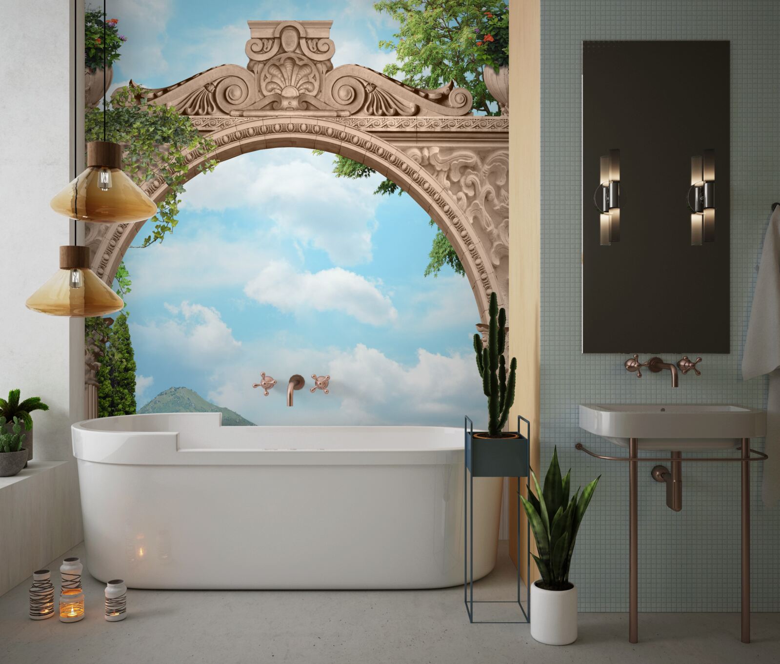 Fotobehang loggia met gewelfde deuropening en prachtig landschap